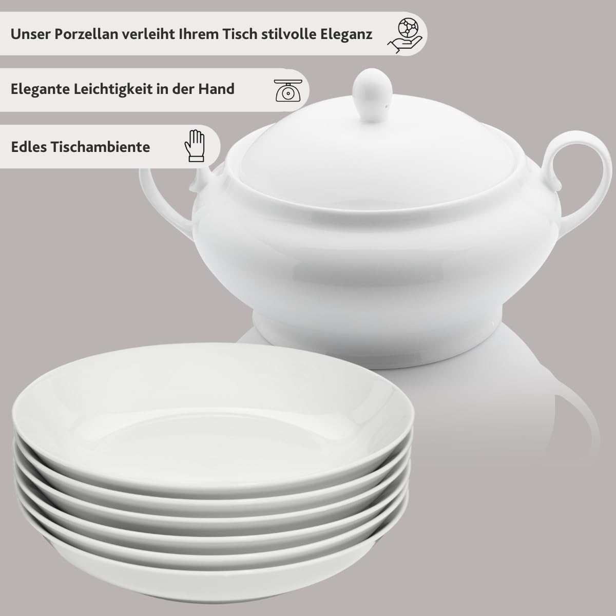 SÄNGER New Port 7-Piece Porcelain Soup Bowls Set with Lid – Dishwasher Safe White Soup Tureen & Deep Plates for 6 People | Elegant Dining, Family Gatherings & Restaurant Use