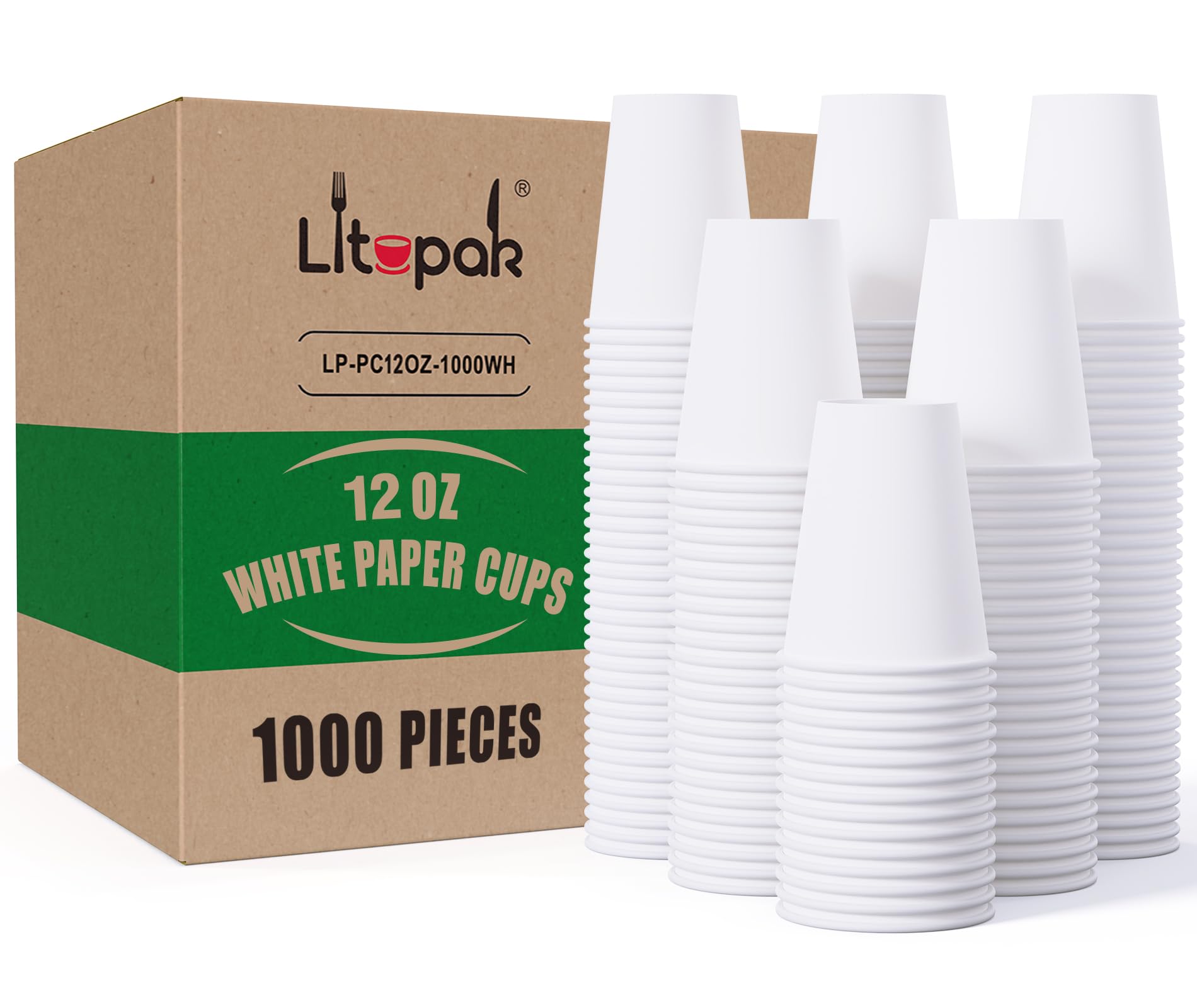 LITOPAK 1000 Pack 12 oz White Disposable Paper Cups - Bulk Hot Coffee Cups for Office, School, Restaurant & Cafe Use - Perfect for Coffee, Tea, Hot Chocolate and Party Beverages