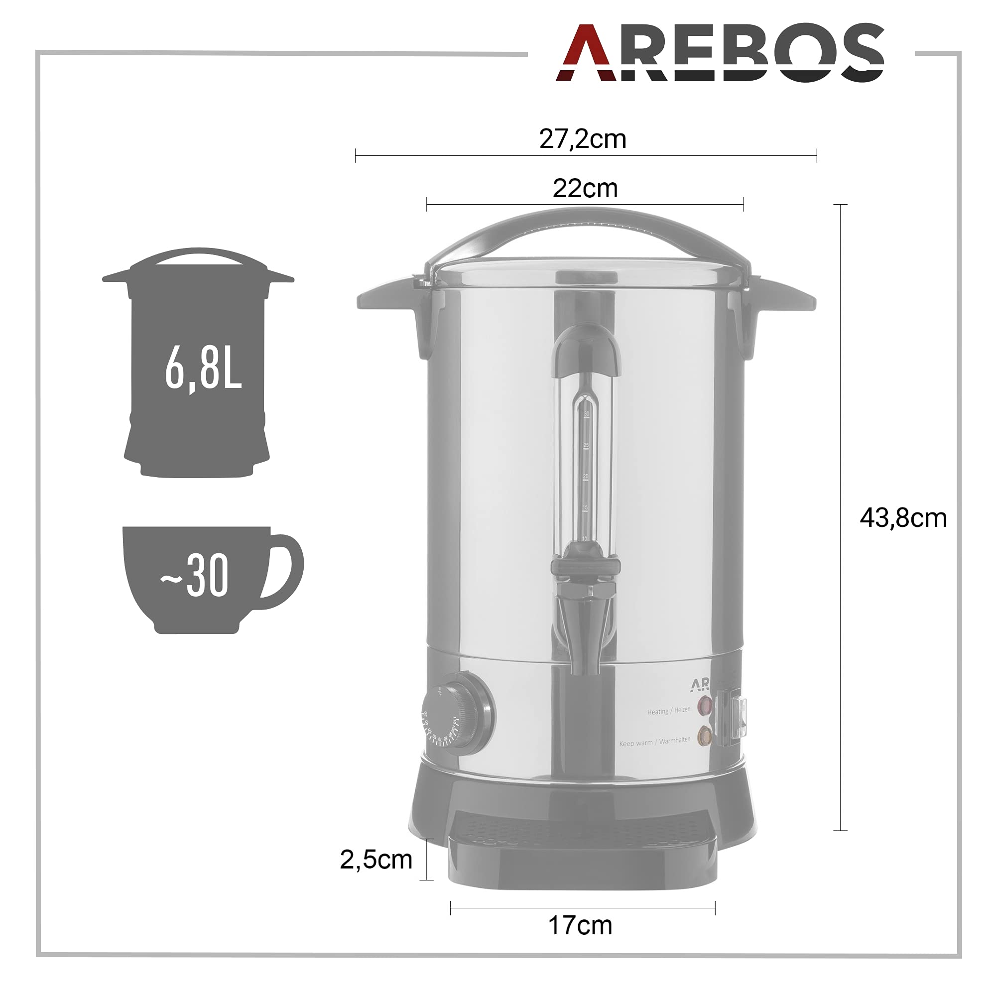 Arebos 6.8L 950W Electric Hot Water Dispenser with Tap - Adjustable Temperature 30-110°C for Mulled Wine, Coffee, Tea - Perfect for Home, Office, and Catering Use