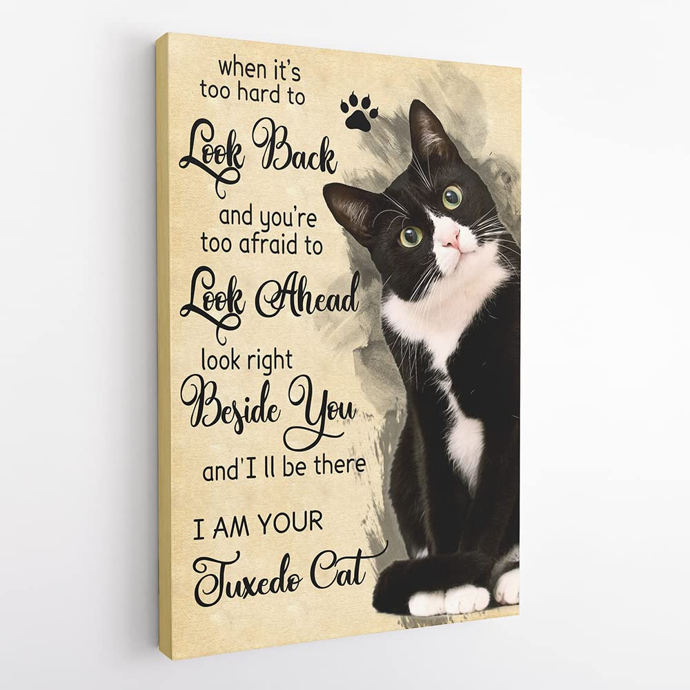Vintage Canvas Wall Art - Tuxedo Cat Painting 'When It's Too Hard To Look Back I'll Be There' - Unique Cat Lover Gift for Women, Cat Mom Christmas Present - Perfect for Home Decor, Living Room, Bedroom & Office Wall