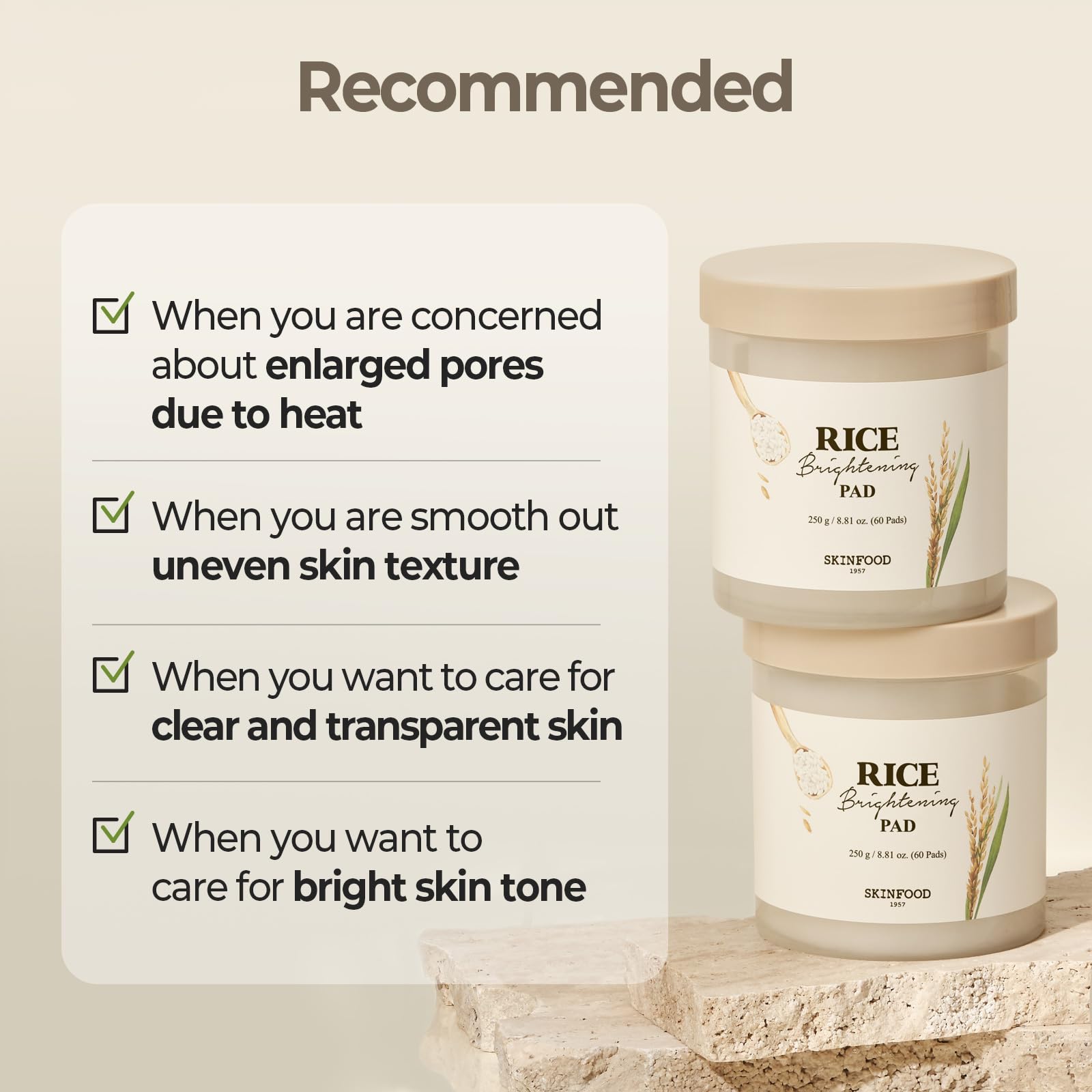 SKINFOOD Rice Daily Toner Pads - Korean Skincare Exfoliating & Hydrating Face Toner with 100% Cotton Pads | Natural Rice Water Milk for Glowing Glass Skin | Vegan, 8.81 oz (60 Pads) | Perfect for Daily Skincare Routine & Travel