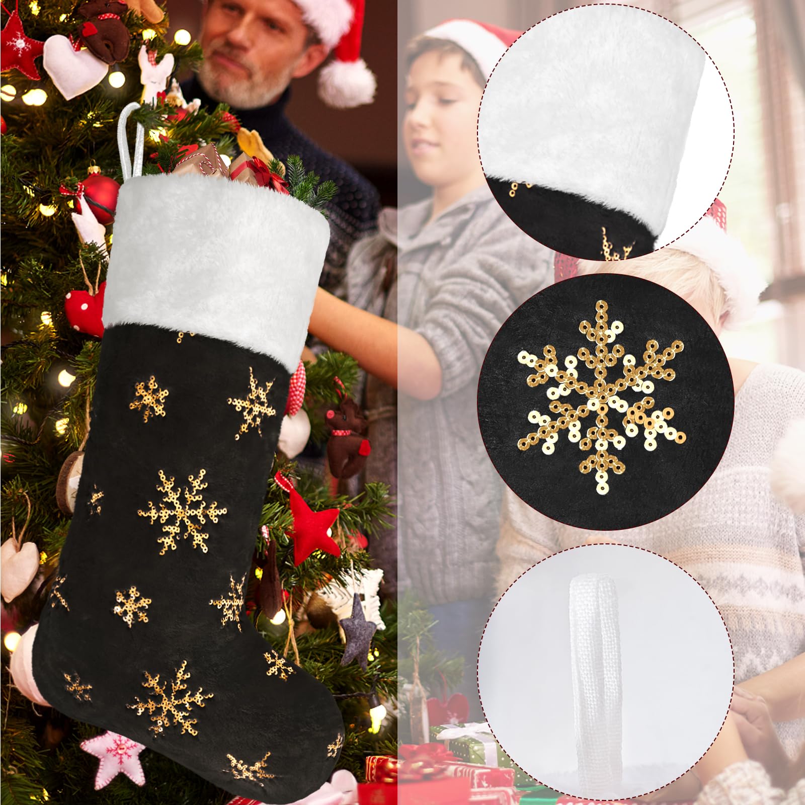 5 Pack Personalized Christmas Stockings with Names - 22 Inch Custom Embroidered Faux Fur Holiday Stockings in Black & Blue with Gold/Silver Snowflake Ornaments - Perfect for Xmas Tree Decor, Fireplace Mantel & Holiday Party Decorations