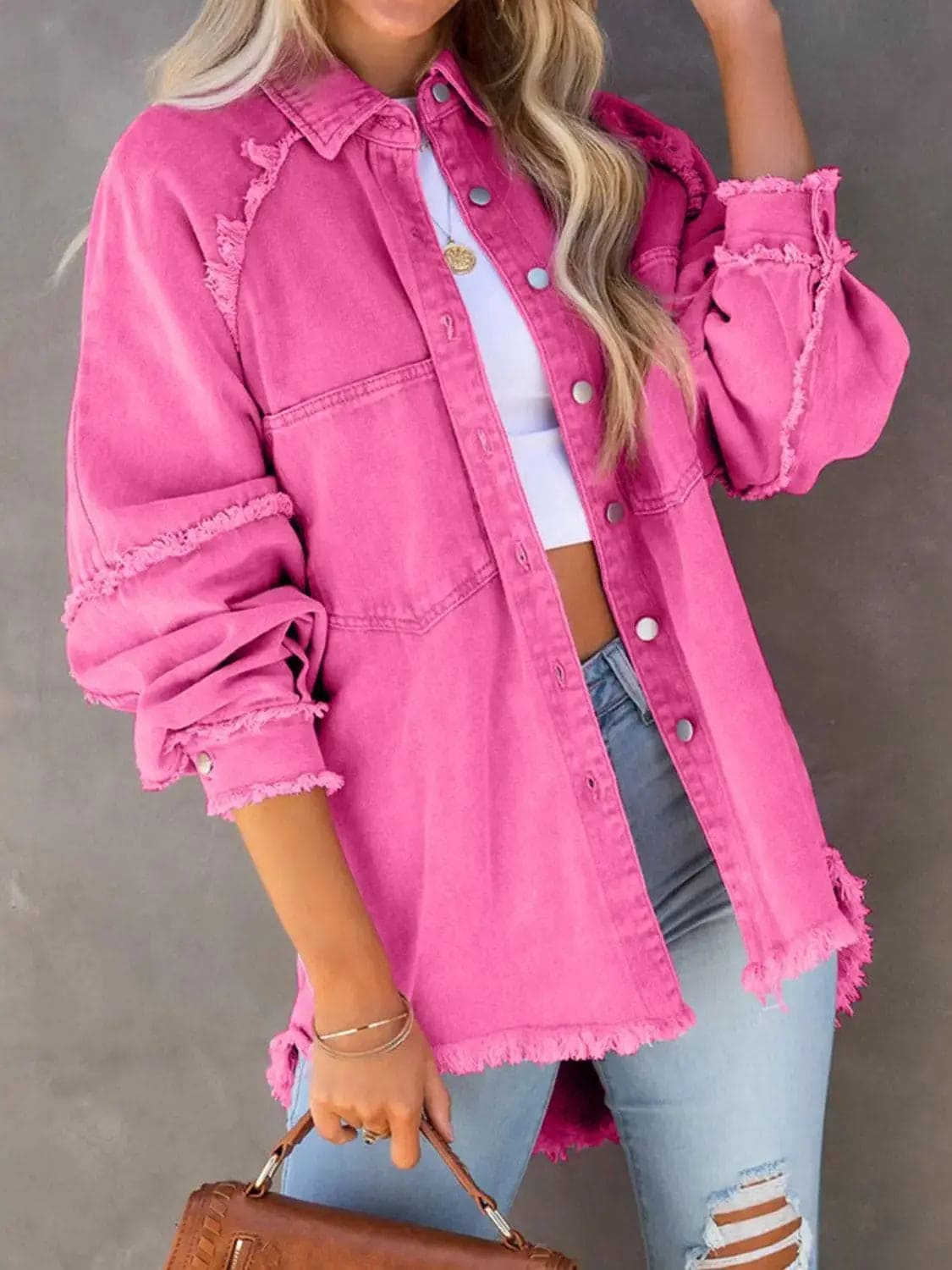 Stylish Button Down Raw Hem Denim Jacket for Women & Men | Distressed Denim Jacket with Raw Edge Details | Perfect for Casual Outfits, Streetwear & Layering