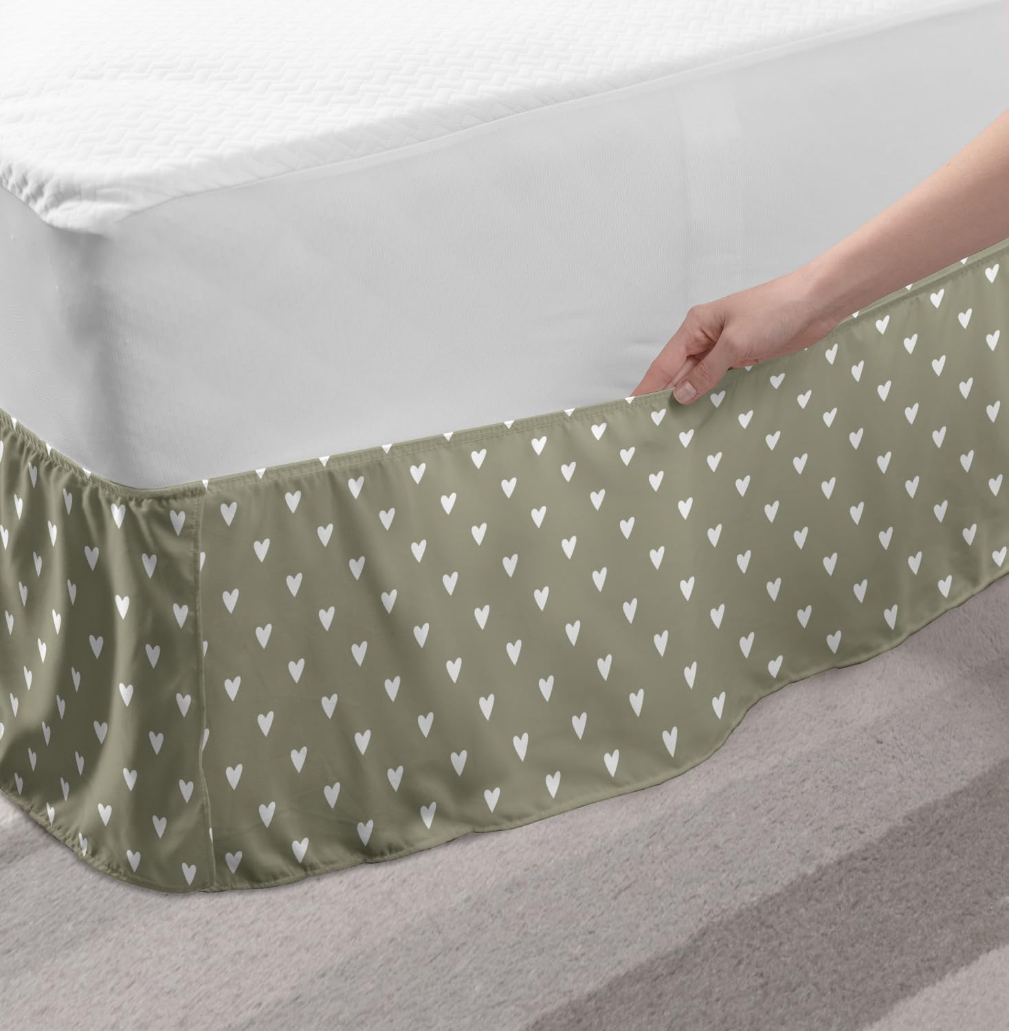 Ambesonne Romantic Elastic Bed Skirt - King Size Wrap Around Dust Ruffle in Pale Sage Green & White | I Love You Heart Design for Valentine's Day, Anniversary & Romantic Bedroom Decor | Perfect for Couples Gift, Wedding Present & Home Decoration