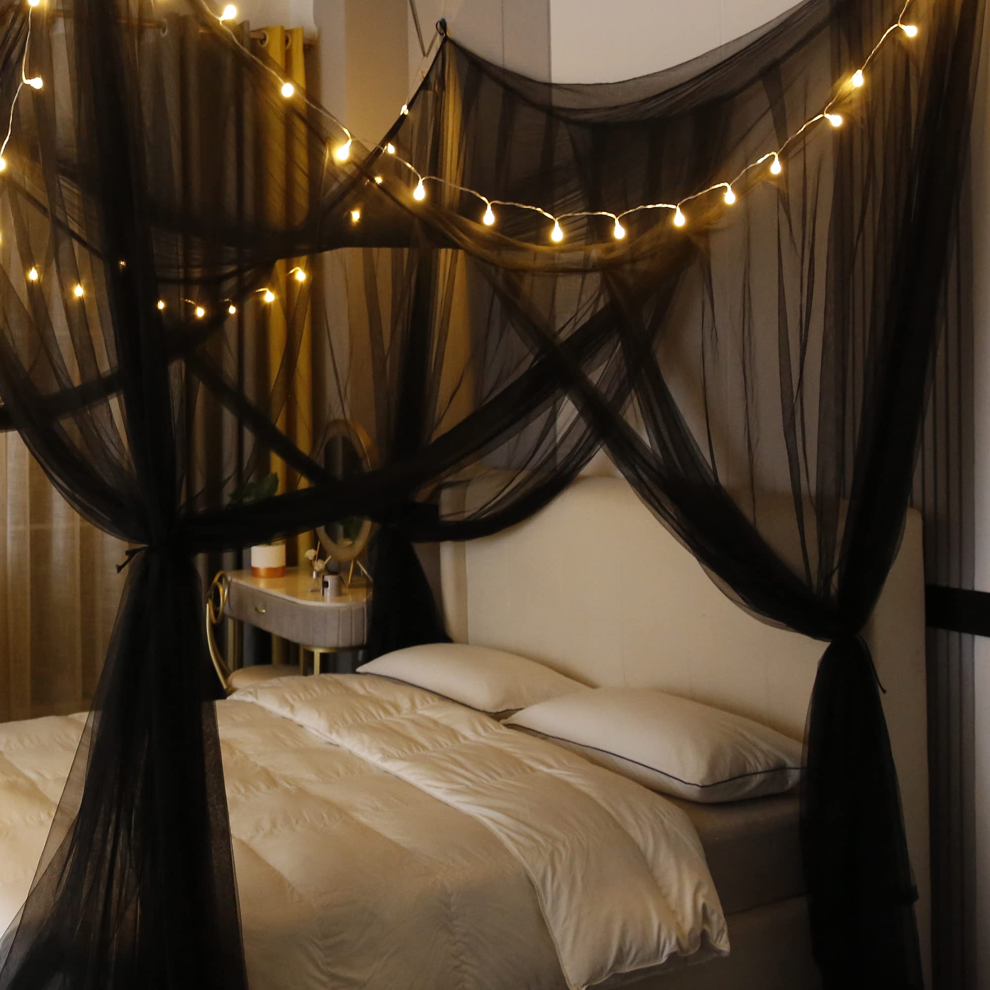 Elegant Canopy Bed Curtains with Lights for Single Twin Bed - Gothic Room Decor & Romantic Ambiance