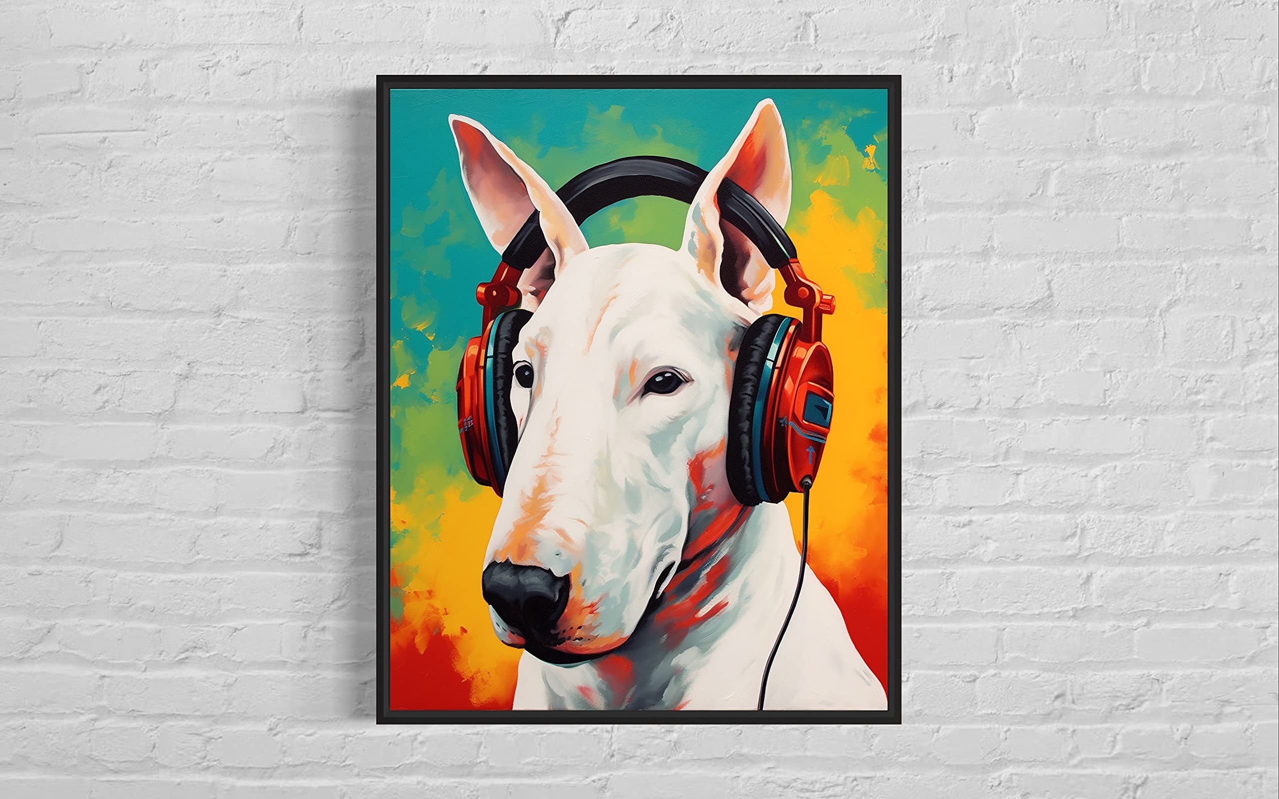 Bull Terrier Dog Headphone Art Print Poster - 11x14 Inches Wall Decor Painting with Black Frame - Modern Pop Art for Bedroom, Living Room & Bathroom - Perfect Gift for Dog Lovers & Music Enthusiasts