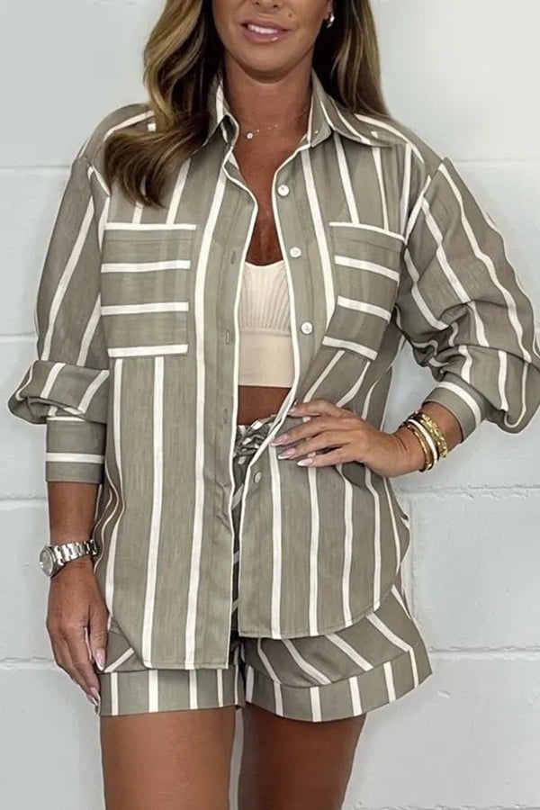 Stylish Striped Print Lapel Long Sleeve Shirt & Elastic Waist Loose Shorts Set - Casual Summer Outfit for Women, Beach Vacation, Streetwear Fashion