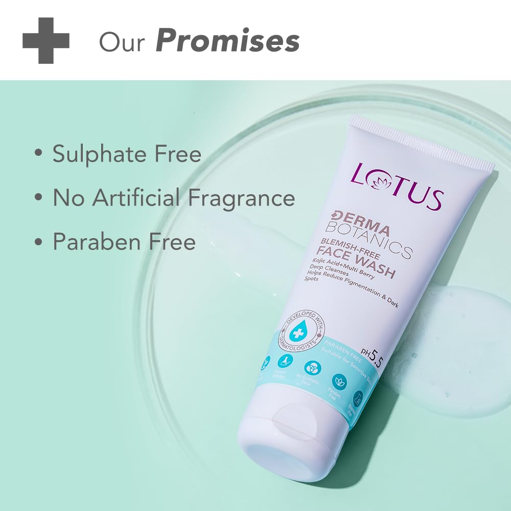 Lotus Herbals Dermabotanics Kojic Acid + Multi Berry Blemish-Free Face Wash 100g - Brightening Cleanser for Pigmentation, Acne & Dark Spots | Dermatologist Recommended pH 5.5 Formula | Gentle for Sensitive Skin | Daily Use for Clear, Even-Toned Complexion | Perfect for Morning & Night Skincare Routine