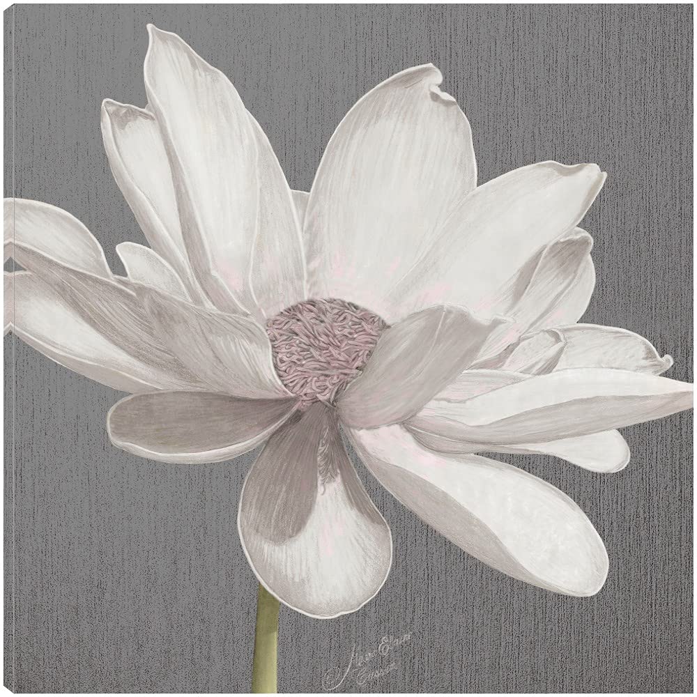 Vintage Lotus on Grey Canvas Wall Art - Hand Painted Fine Art Print by Marie Elaine Cusson - 22x22 Inch Ready to Hang Painting for Living Room, Bedroom, Office Decor - Perfect for Home, Hotel & Spa Interior Design