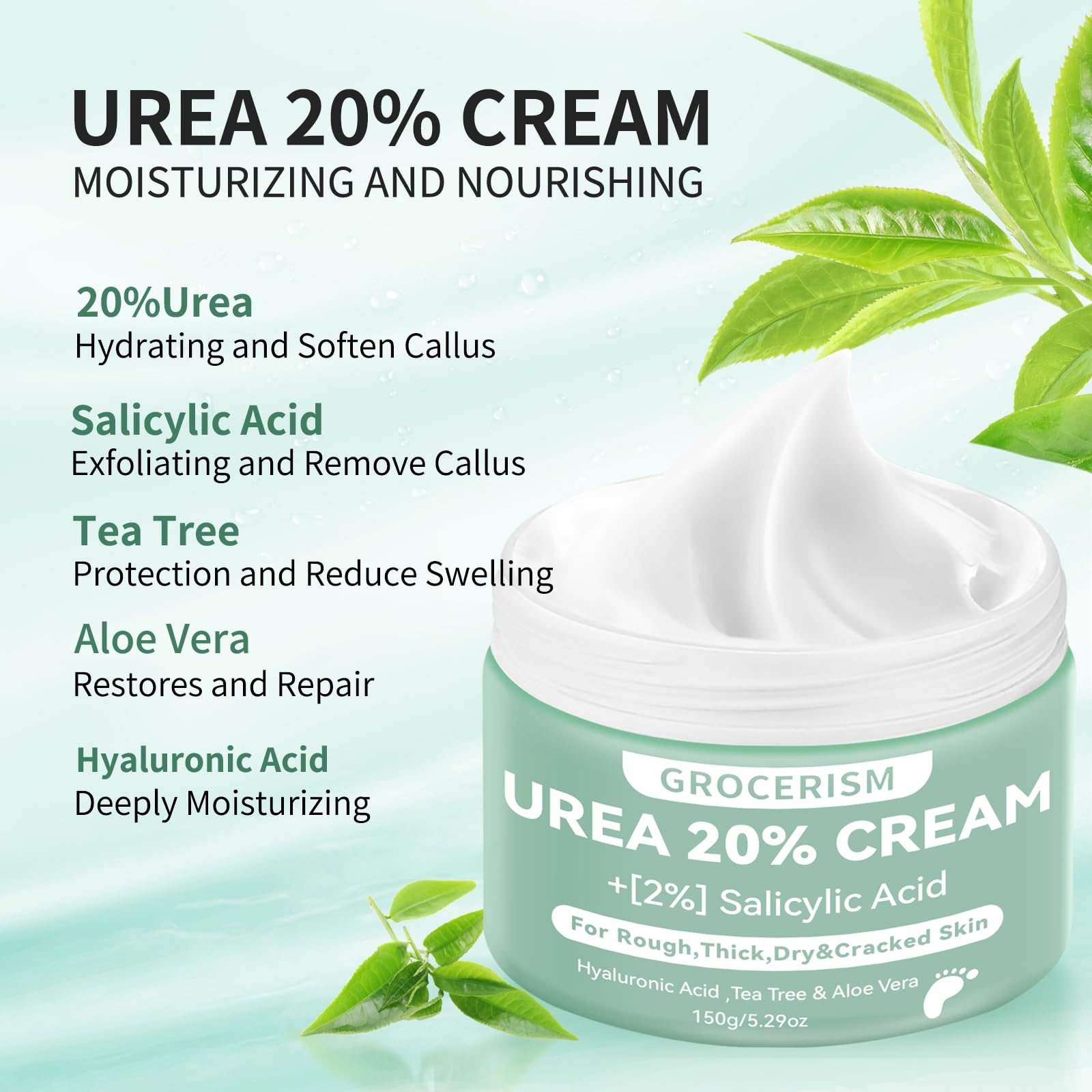 20% Urea Cream with 2% Salicylic Acid - 150g Maximum Strength Foot & Hand Moisturizer - Infused with Hyaluronic Acid, Tea Tree & Aloe Vera for Deep Hydration | Cracked Heel Treatment, Dry Skin Relief for Calluses & Rough Feet