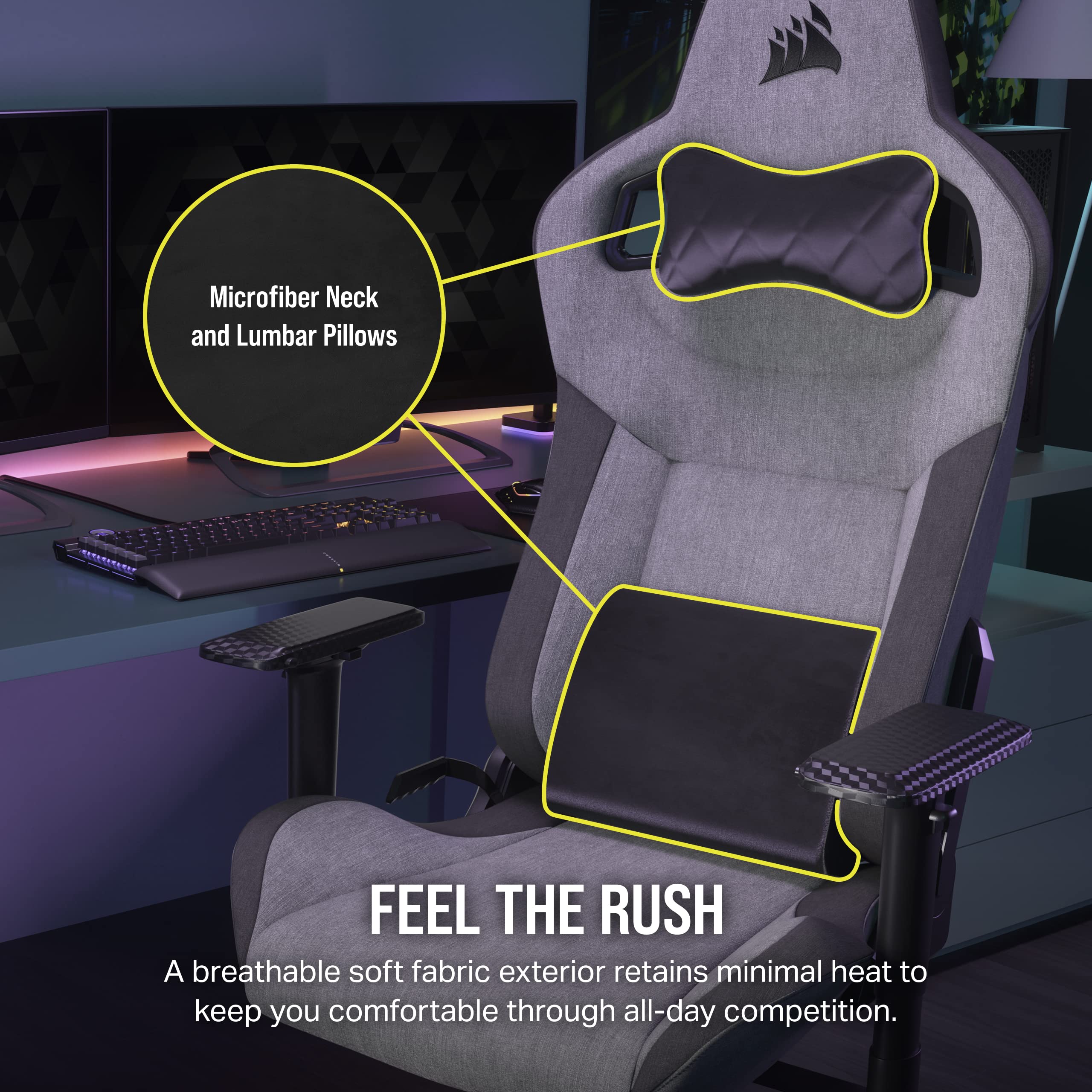 Corsair T3 Rush Fabric Gaming Chair (2023) - Ergonomic Racing Style PC Chair with Soft Fabric, Memory Foam Lumbar Support & Adjustable Height - Gray/Charcoal - Perfect for Esports, Streaming & Home Office Setup