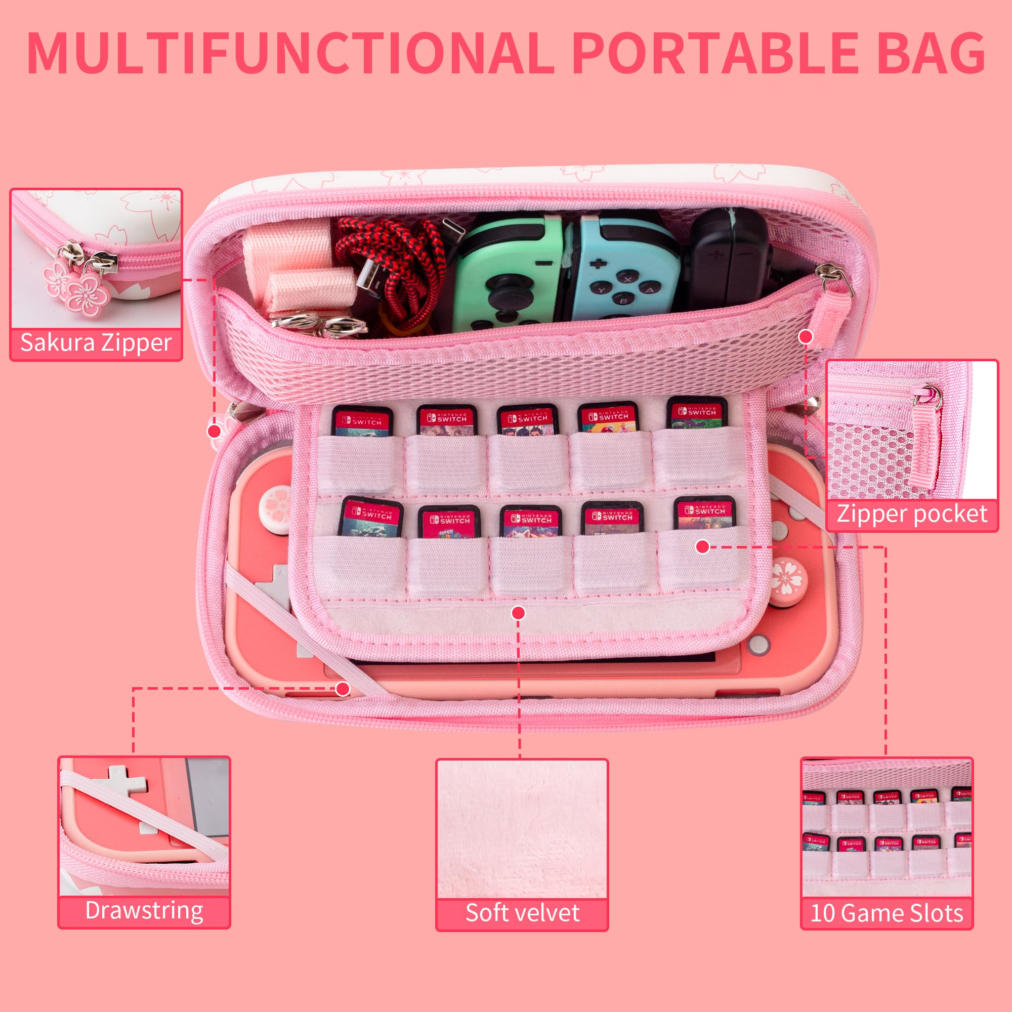 Premium Nintendo Switch Lite Carrying Case with 10 Game Card Slots - Protective Travel Bag Includes TPU Skin, Screen Protector, Adjustable Shoulder Strap, Wrist Strap & 2 Sakura Thumb Grips - Perfect for Gaming On-The-Go, Travel Protection & Switch Lite Accessories Storage