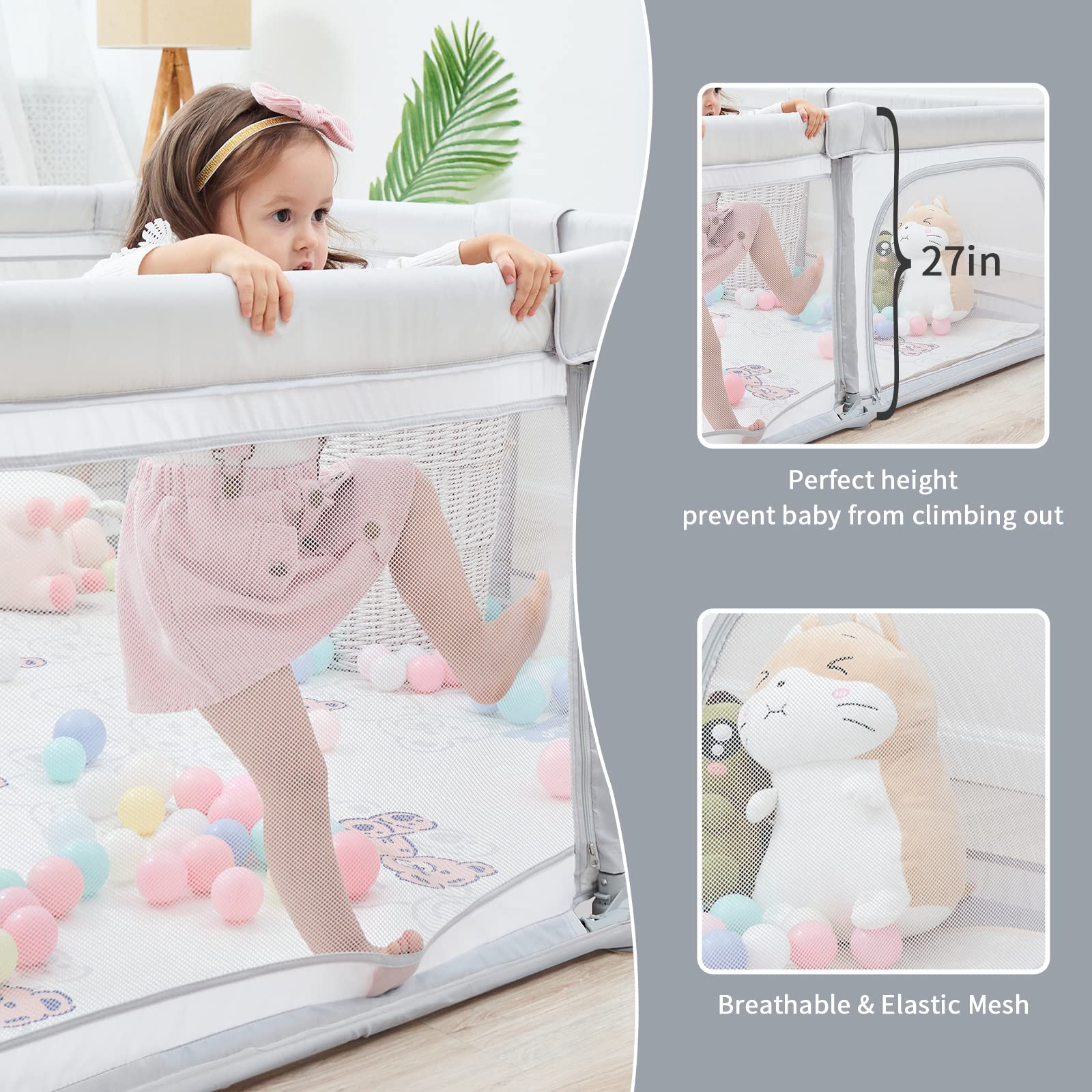 Foldable Baby Playpen 79x59 Inches - Adjustable Play Yard for Toddlers 1-3 Years, Indoor & Outdoor Safety Gate with Carry Bag - Light Grey | Perfect for Home, Nursery, Park & Travel Use