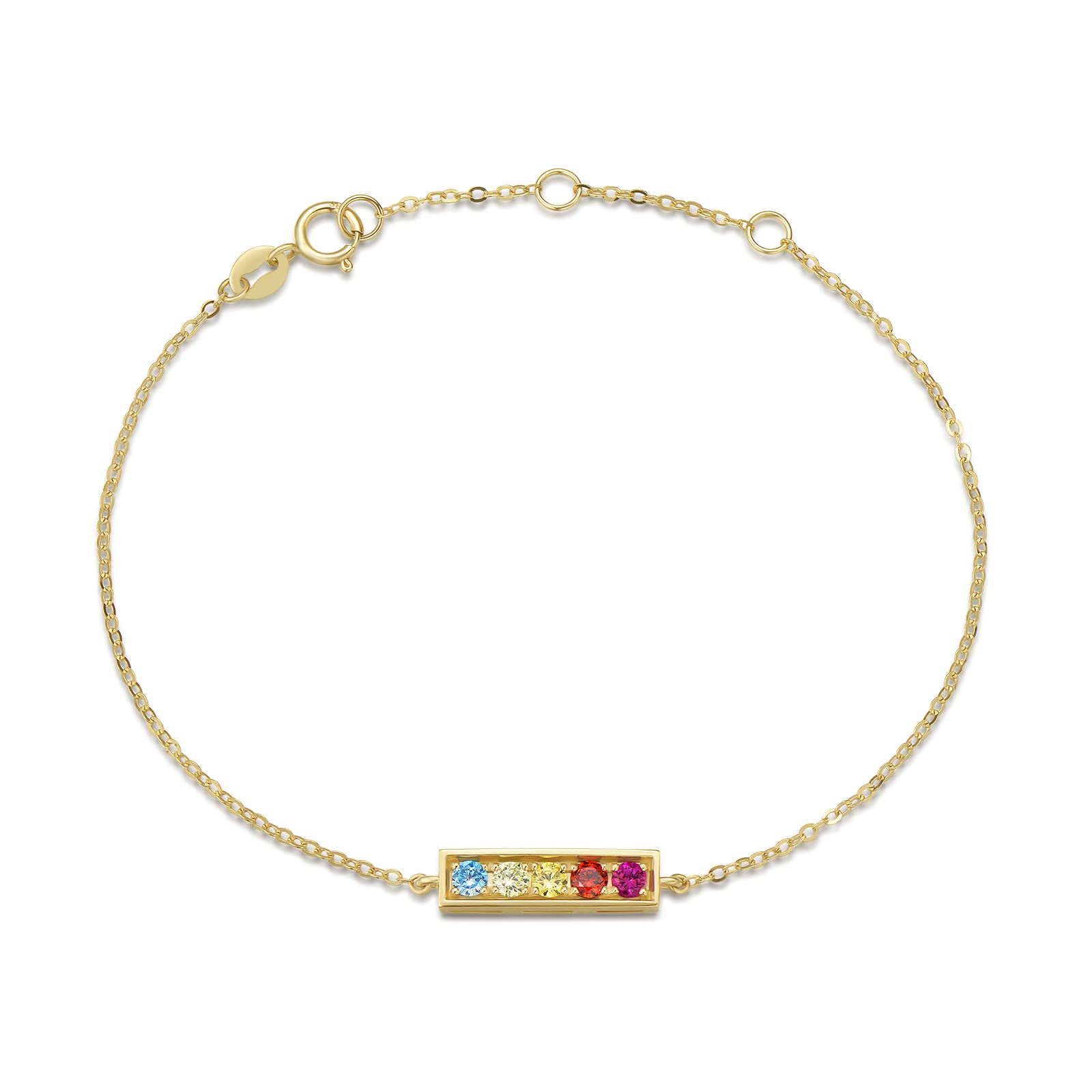 14K Solid Yellow Gold Bar Bracelet for Women with Colored Cubic Zirconia CZ Rainbow Gemstones - Elegant Fine Jewelry for Anniversary, Birthday Gift for Mom (6+1.2 Inch) - Perfect for Weddings, Parties, and Special Occasions