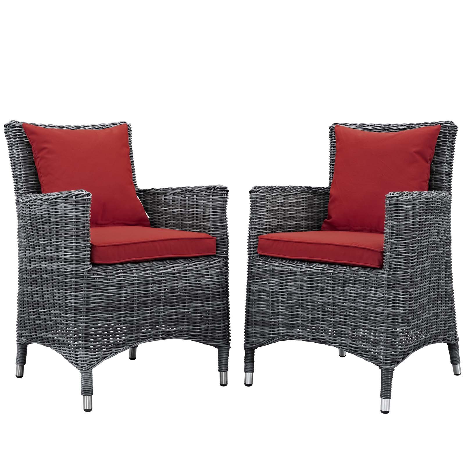 Modern Contemporary Outdoor Patio Dining Chairs (Set of 2) - Sunbrella Rattan Wicker - Red - Perfect for Backyard, Poolside & Garden Relaxation