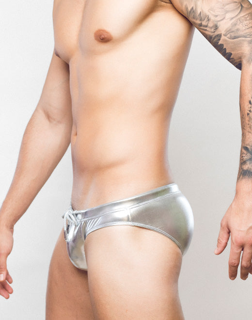 2Eros MetaLux Silver Swim Brief V30 - Men's Fashion Swimwear for Beach & Pool - High Waist Comfortable Swim Trunks for Vacation, Gym & Water Sports