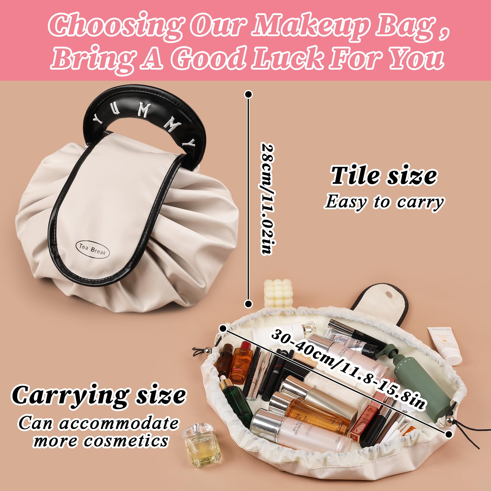 Glorebrochas Large Waterproof Drawstring Makeup Bag with Donut Embroidered Handle - Travel Cosmetic Organizer for Toiletries, Makeup Brushes & Beauty Essentials - Perfect Gift for Teens, Girls & Women - Great for Travel, Gym, Beach & Daily Use (White)