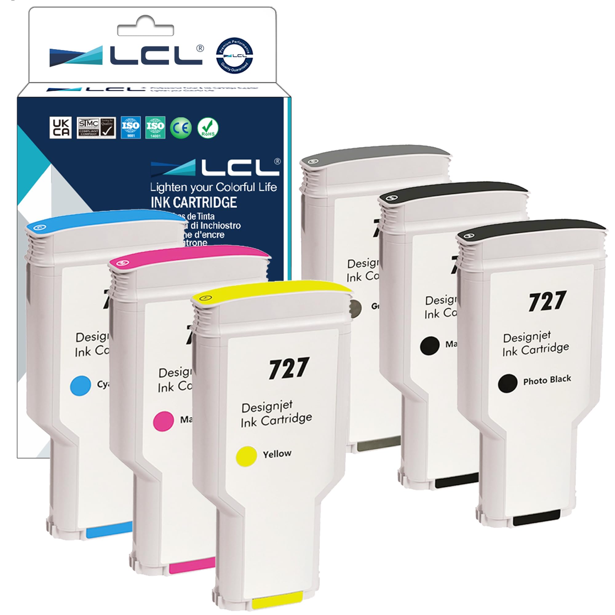HP 727 XL Ink Cartridges 6-Pack (Photo Black, Matte Black, Gray, Cyan, Magenta, Yellow) - 300ml High-Yield Replacement for HP DesignJet T1530 T2500 T920 T930 T1500 T2530 Printers - Ideal for Large Format Printing, CAD Drawings & Photo Lab Quality Outputs