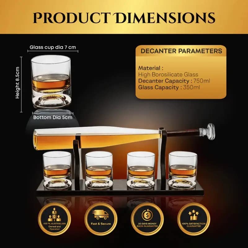 Baseball Bat Whiskey & Wine Decanter Set with 4 Glasses - Perfect Gift for Baseball Coaches, Lovers, Dad, Boyfriend & Brother - Ideal for Bourbon, Scotch & Wine Tasting at Home Bar or Game Day Parties