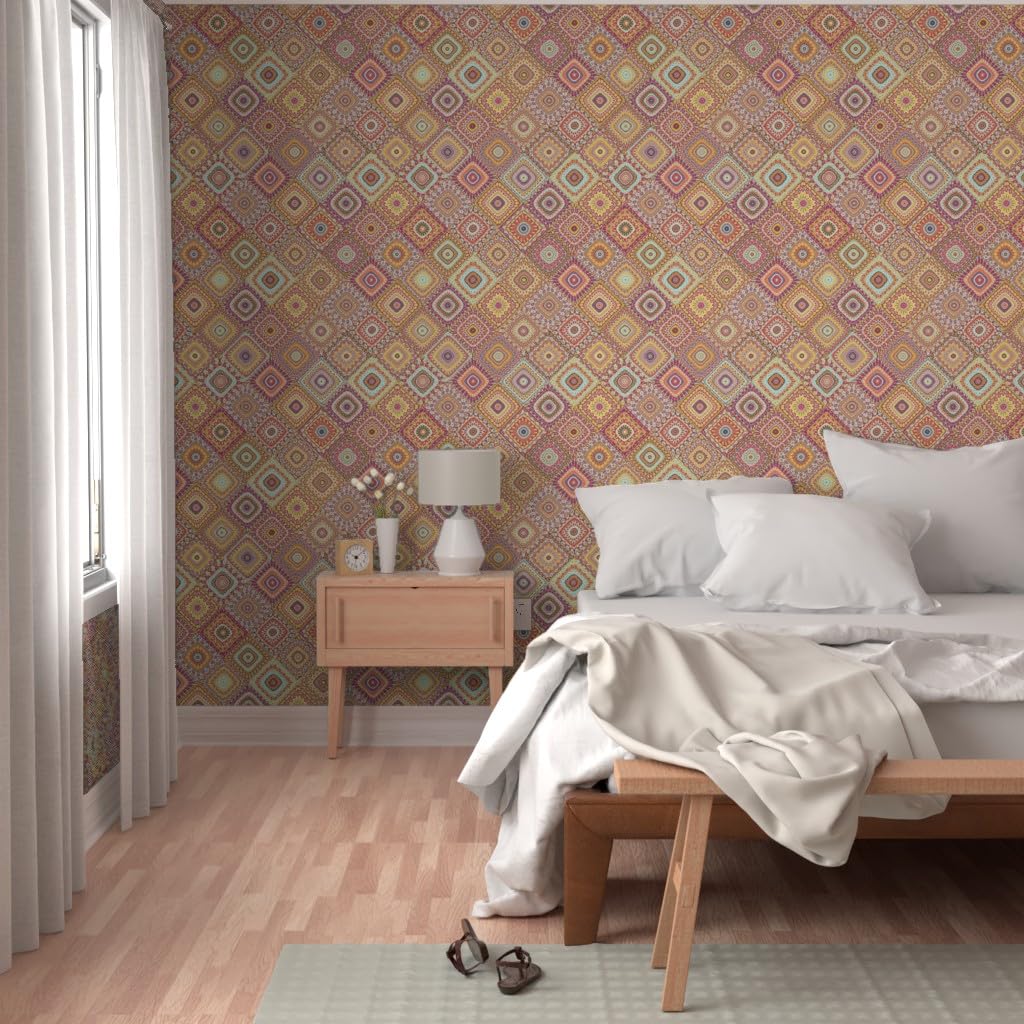 Peel & Stick Removable Wallpaper 9ft x 2ft - Spring Floral Kaleidoscope Boho Design for Bedroom, Living Room & Nursery | Easy DIY Home Decor by Spoonflower