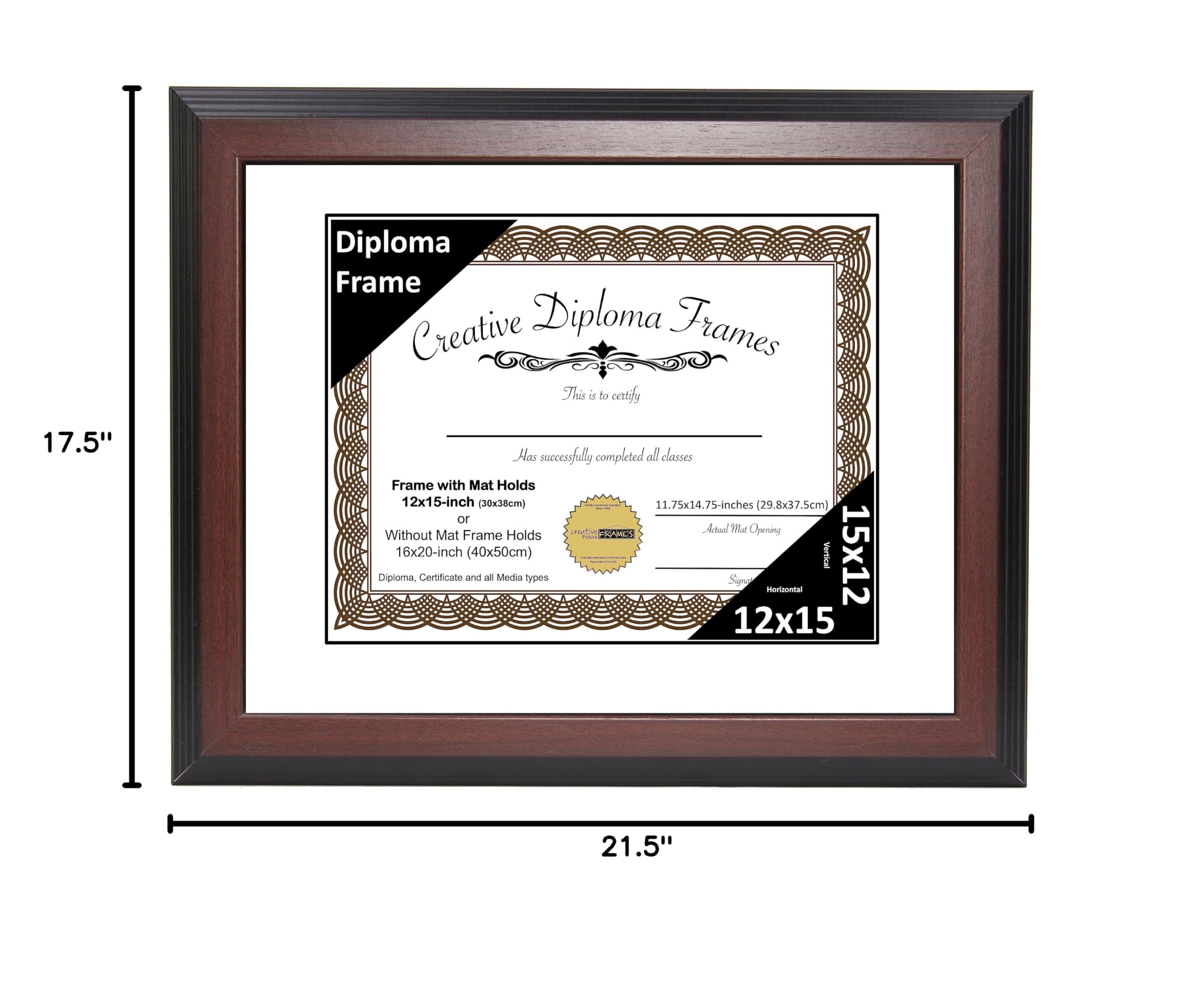 12x15 Mahogany Finish Diploma Picture Frame with White Mat - Holds 12x15 Documents, Glass Front & Wall Hanger - Perfect for Graduation Diplomas, Certificates, Awards & Office Decor