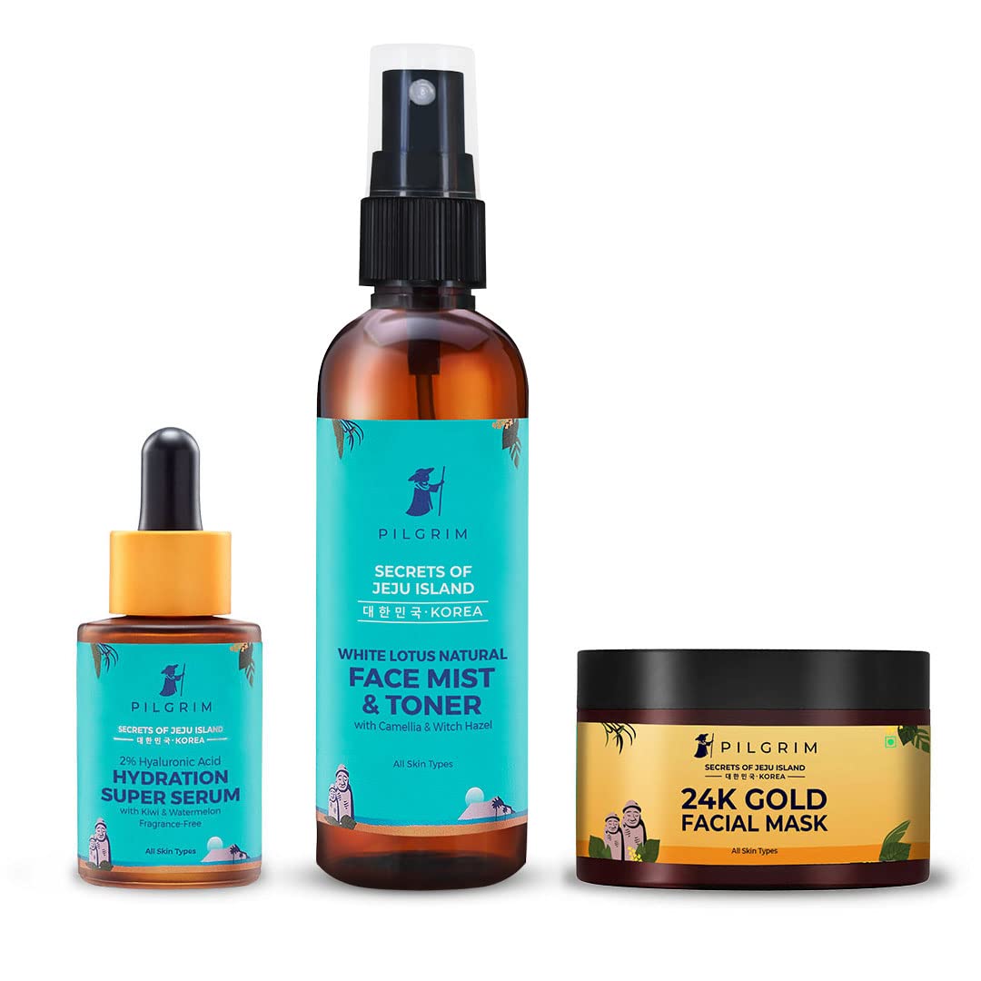 24K Gold Hydrating Skincare Set with Hyaluronic Acid Serum, Pore-Tightening Toner & Gold Facial Mask - For Glowing Skin | Pilgrim 24K Glow & Hydration Combo Kit | Perfect for Daily Skincare Routine & Spa Night