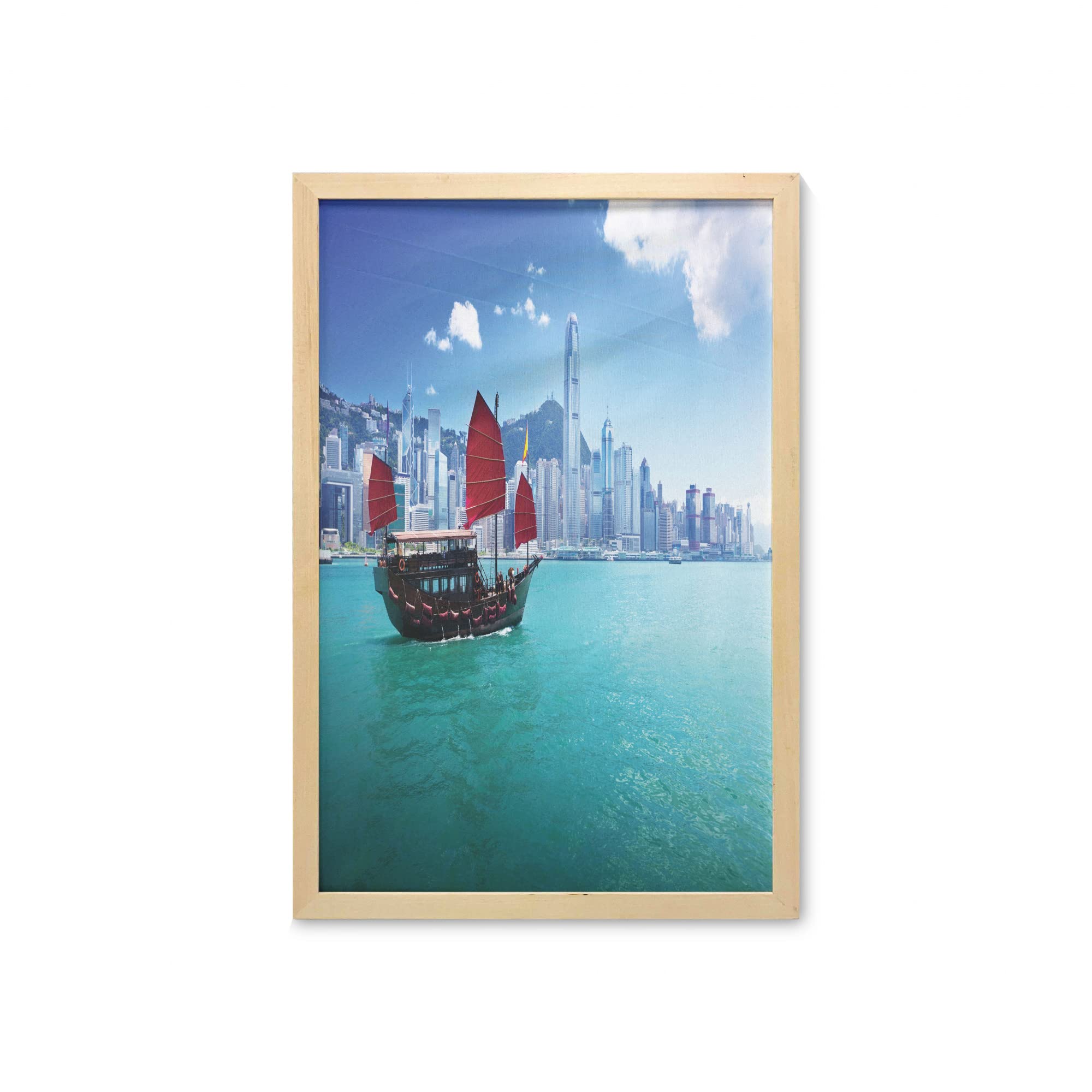 Ambesonne Ocean Wall Art with Frame - Hong Kong Harbour Traditional Junk Boat Print, Blue Aqua Red Nautical Decor for Bathroom, Living Room, Dorms | 23x35 Inch Fabric Poster | Perfect for Coastal, Beach House & Asian-Themed Interior Design