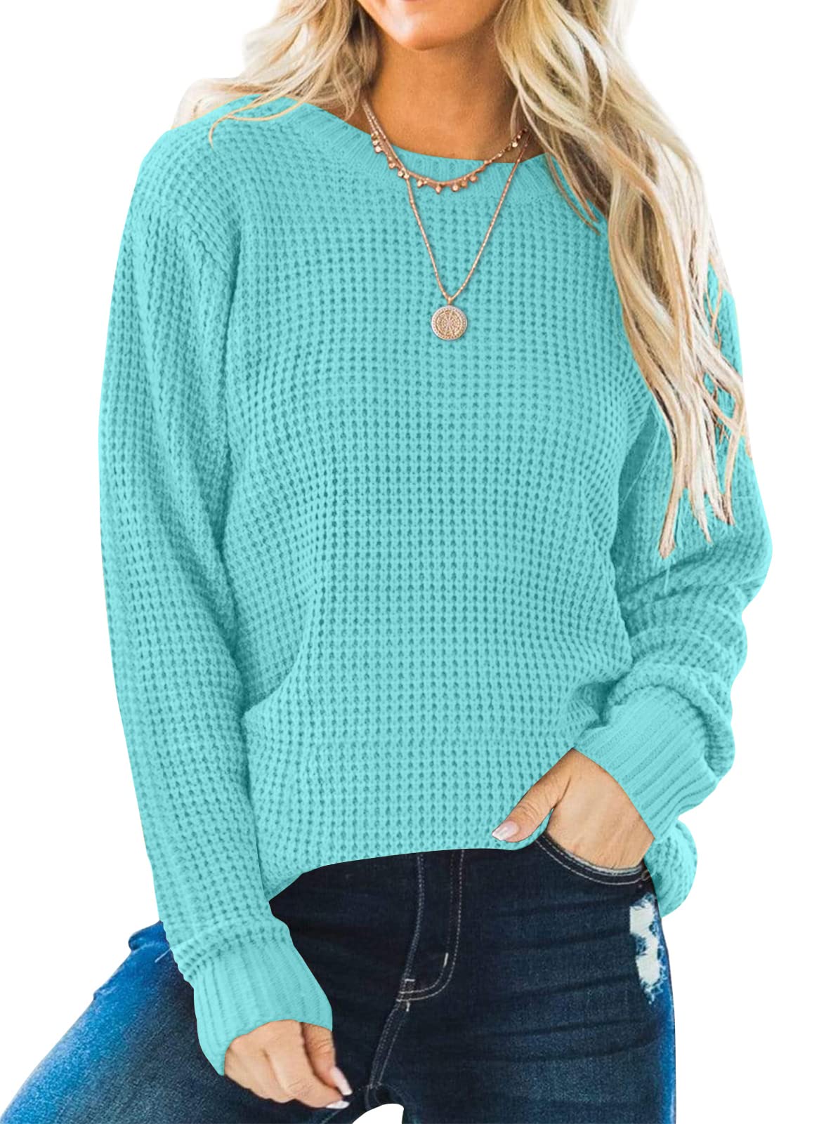 ZESICA Women's Long Sleeve Crew Neck Waffle Knit Casual Loose Oversized Pullover Sweater | Cozy Winter Tops for Women | Perfect for Office, Date Night & Weekend Outfits
