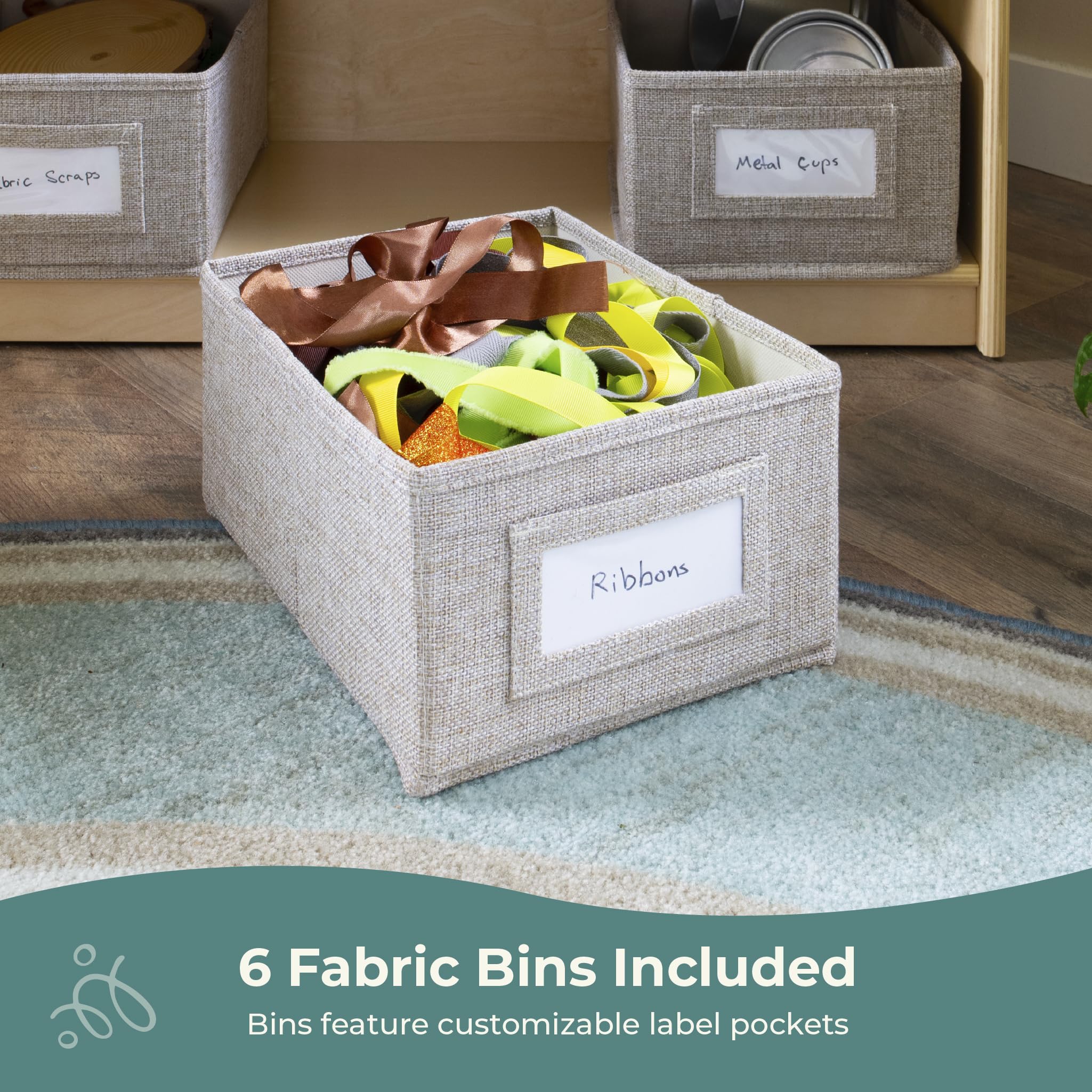 Guidecraft EdQ Book and Bin Browser Natural - 6 Fabric Storage Bins for Kids, Book Display & Toy Organizer - Classroom & Playroom Storage Furniture for Books, Toys & School Supplies