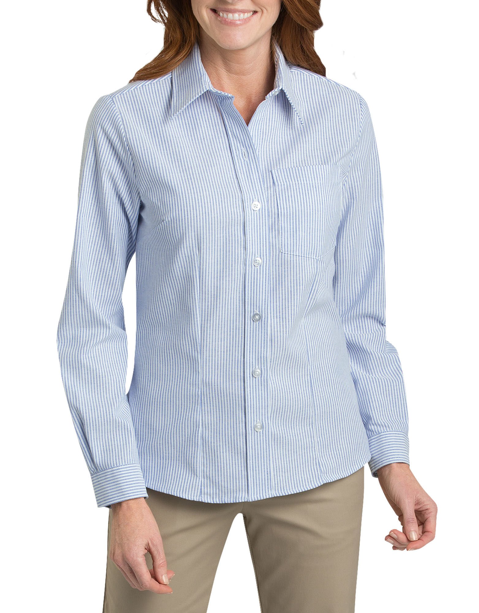 Dickies Women's Long Sleeve Stretch Wrinkle-Resistant Oxford Shirt - White & Blue Stripe, XS - Professional Workwear & Casual Office Attire