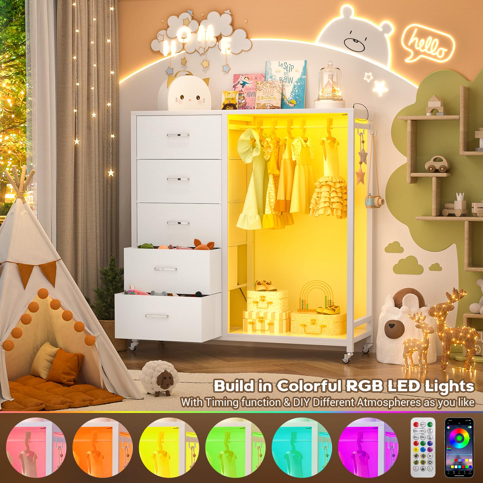 Cyclysio 5-Drawer Dresser with Clothes Rack, Charging Station & LED Lights - White Wooden Top Storage Chest with Lockable Wheels - Perfect for Bedroom, Closet, and Small Space Organization
