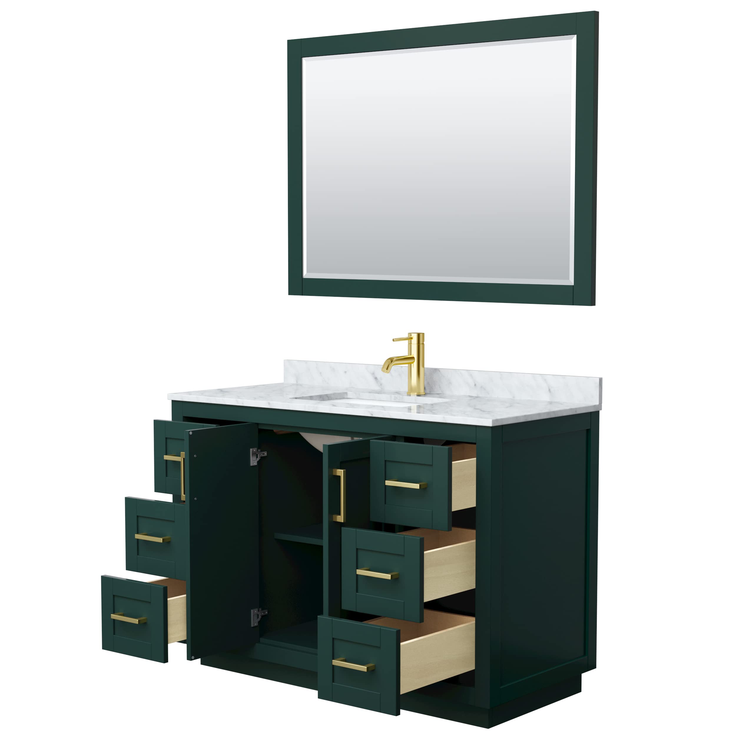 Wyndham Collection Miranda 48 Inch Green Bathroom Vanity with White Carrara Marble Countertop, Undermount Square Sink & Brushed Gold Trim - Includes 46 Inch Mirror | Modern Farmhouse Bathroom Decor for Master Bath, Guest Bath & Powder Room