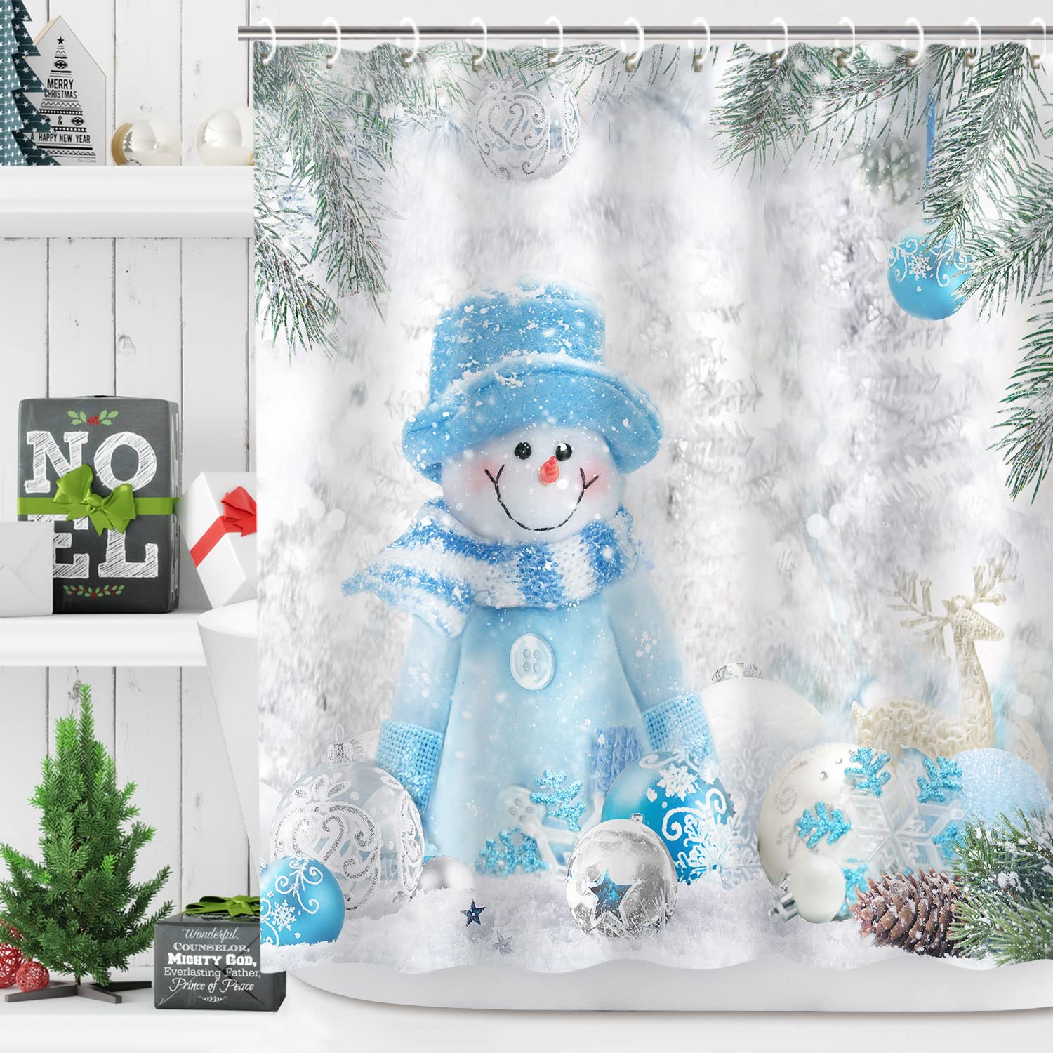 LIVILAN Christmas Snowman Shower Curtain Set - Waterproof Polyester Bathroom Decor with 12 Hooks (72x72 Inches) - Festive Holiday Bathroom Decor for Xmas, Winter & Home Parties