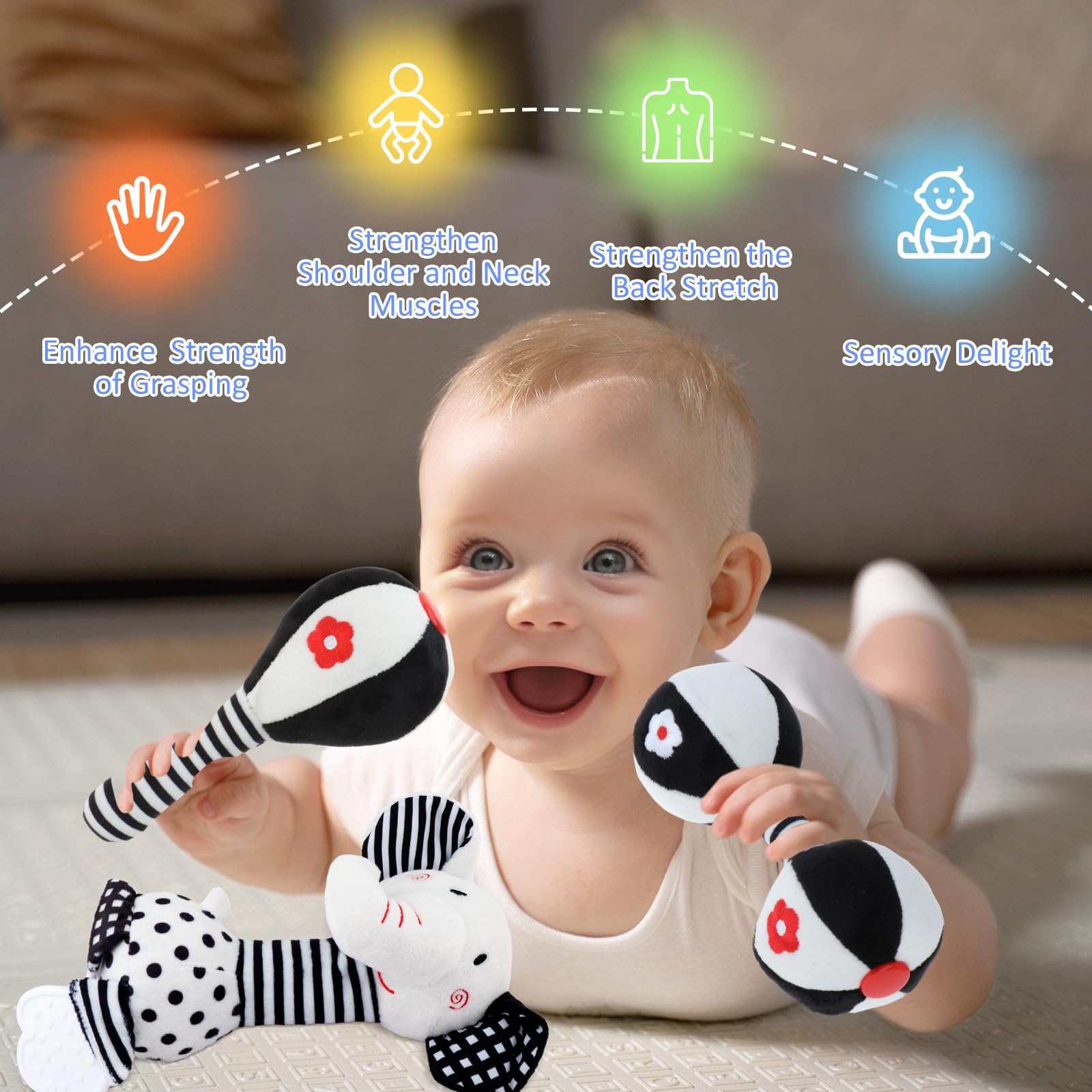 Soft Baby Rattles 0-12 Months - Black & White High Contrast Newborn Toys for Brain Development, Montessori Teether Chew Toy with Plush Elephant Design - Perfect for Tummy Time, Sensory Play & Early Learning
