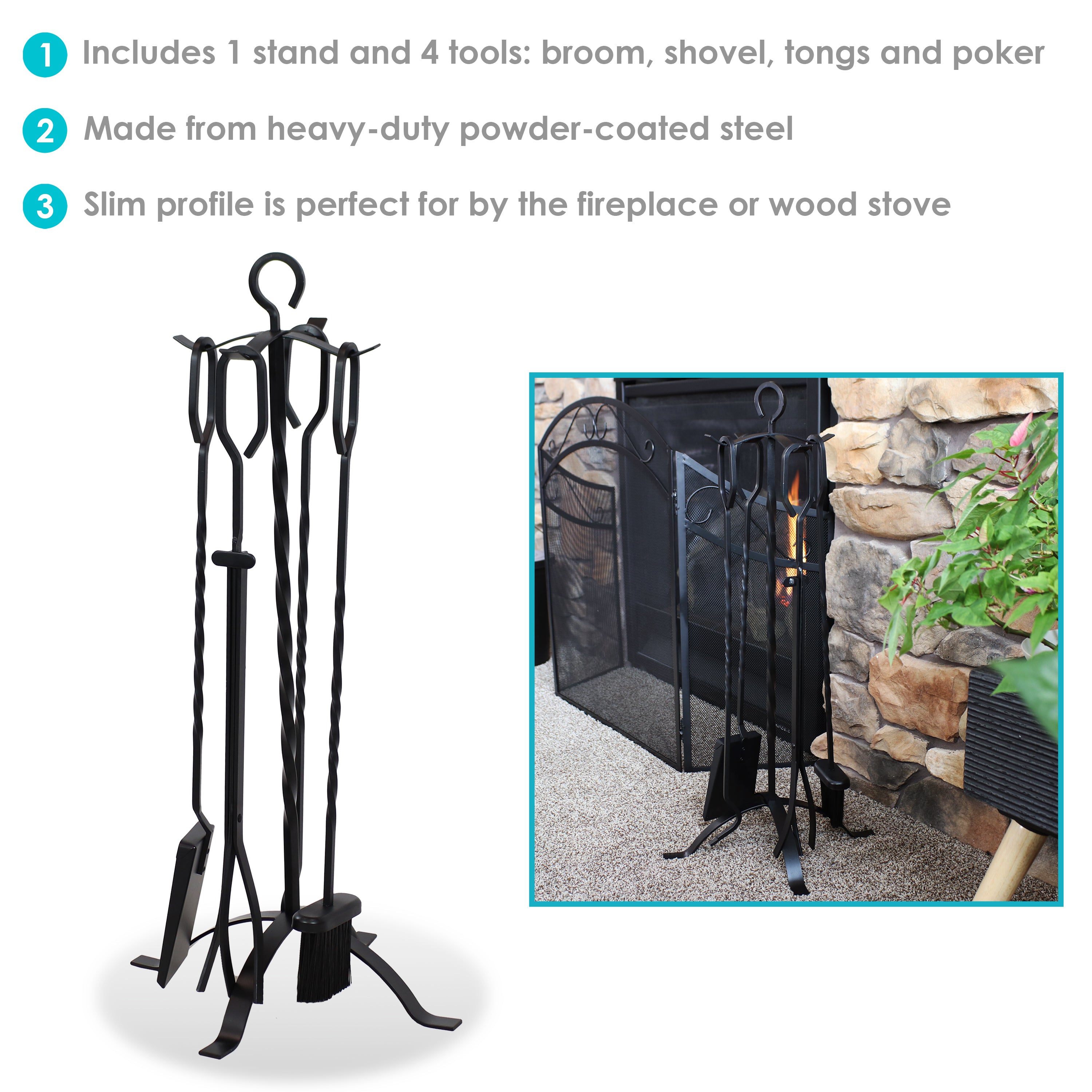 Sunnydaze 4-Piece Steel Fireplace Tool Set with Stand - Heavy Duty Fireplace Accessories for Wood Burning Stoves & Fire Pits - Perfect for Indoor & Outdoor Use