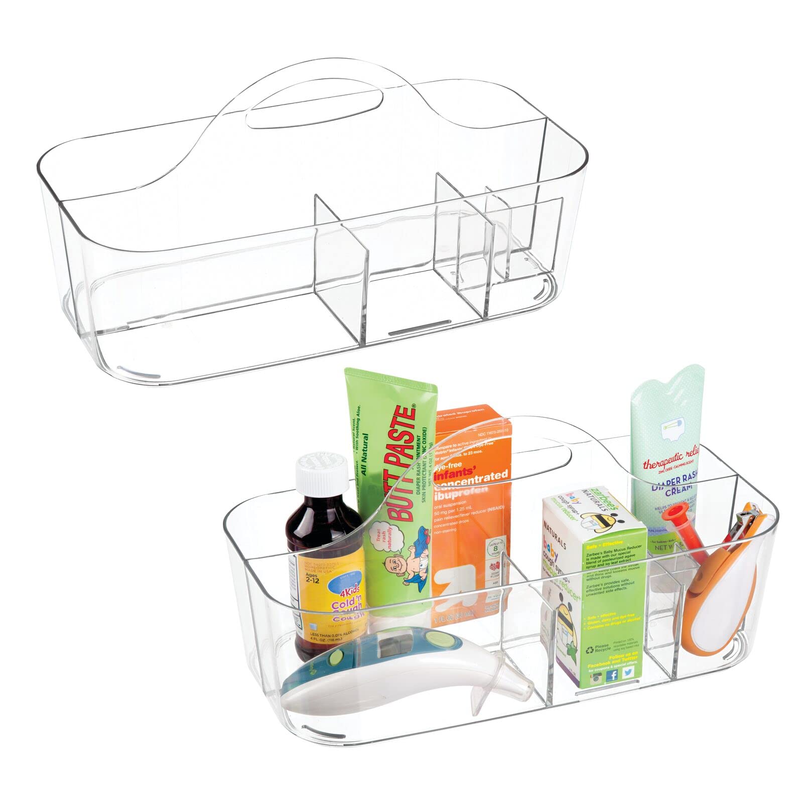 mDesign Plastic Portable Baby Storage Organizer Caddy - Divided Basket Bin with Handle for Bottles, Spoons, Bibs, Pacifiers, Diapers & Wipes - Nursery, Bathroom & Travel Essential - Clear (2 Pack) - Lumiere Collection