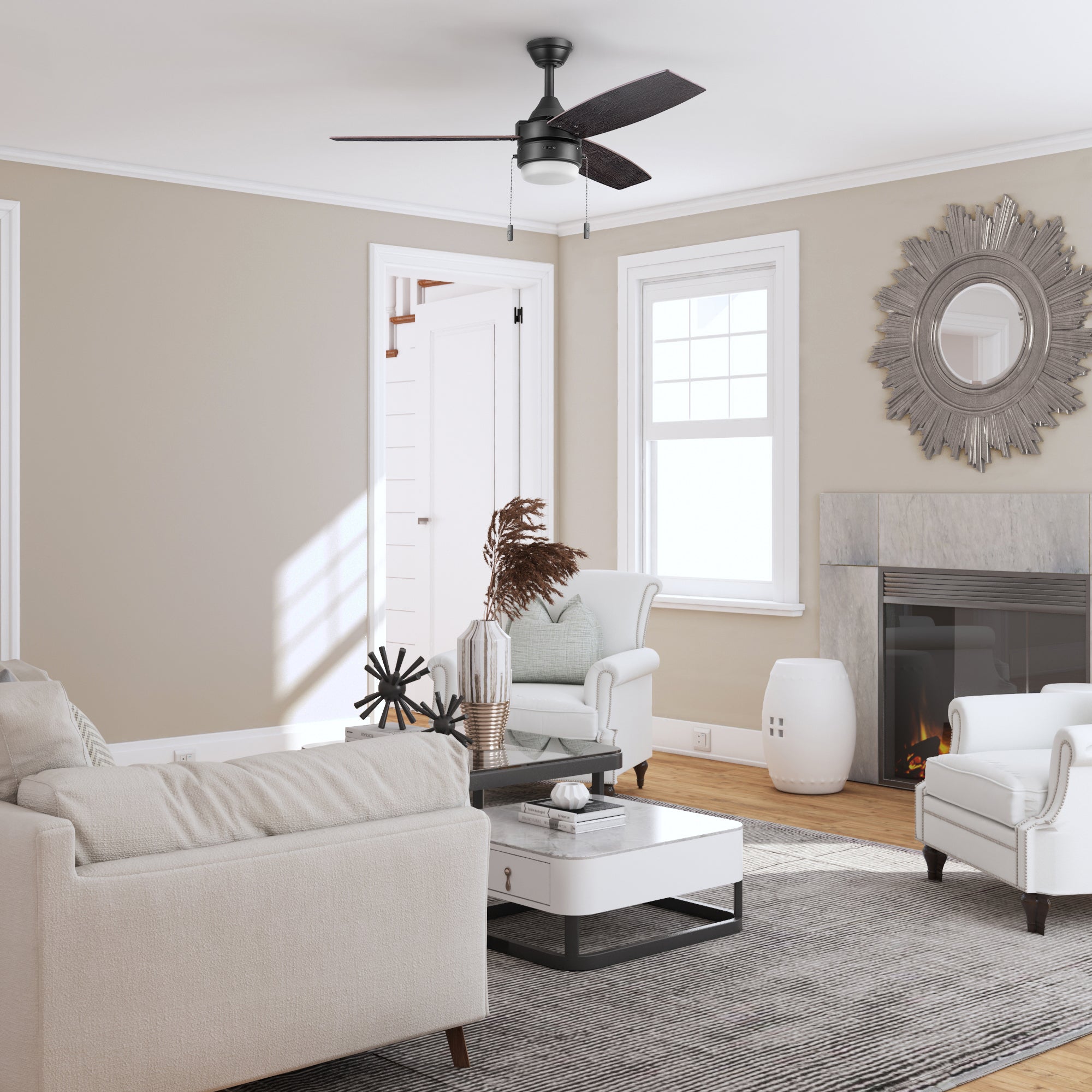 48 Inch Honeywell Berryhill Matte Black Ceiling Fan with Light Kit and Pull Chain - Perfect for Living Room, Bedroom, and Outdoor Covered Patio