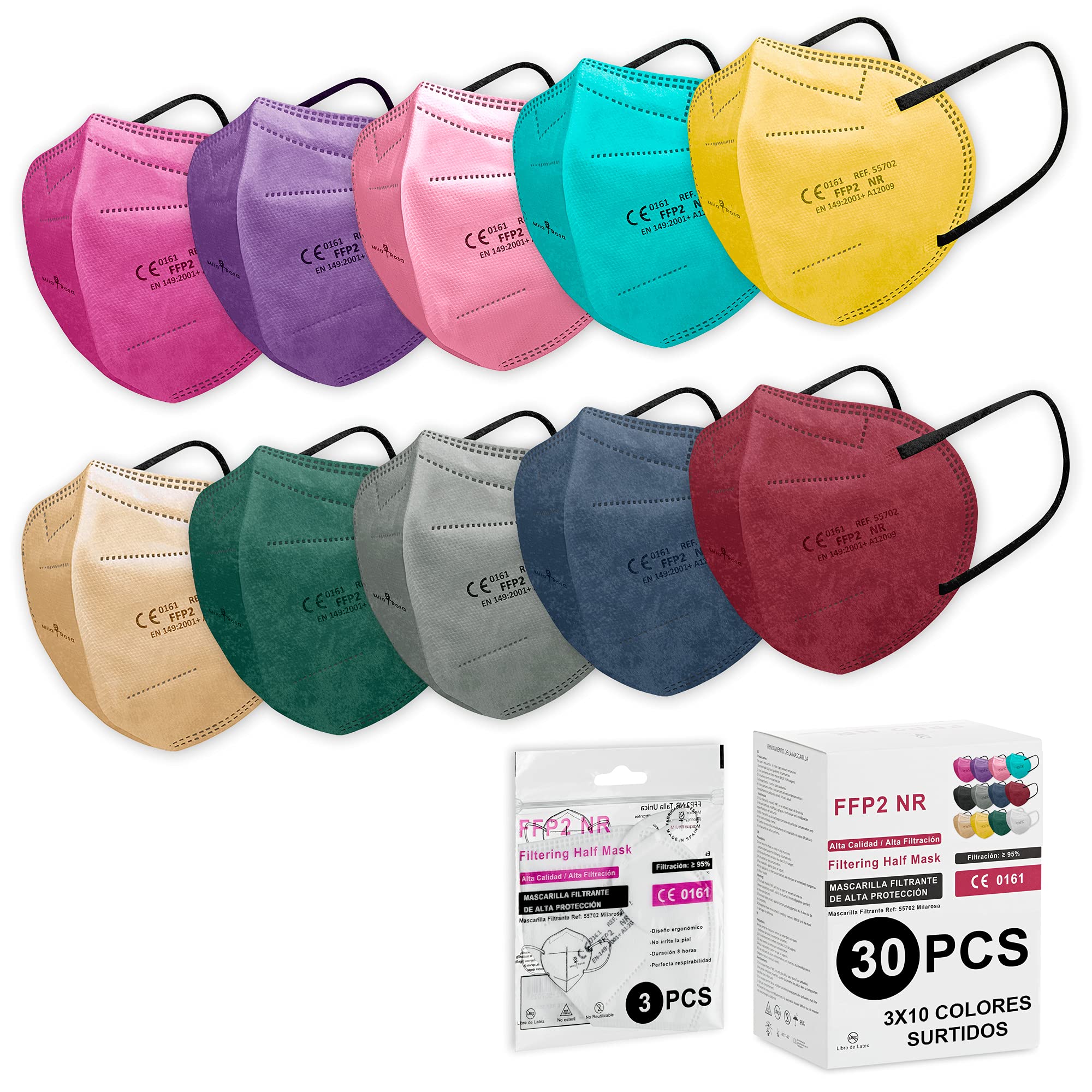 Certified Milarosa FFP2 Face Masks - 30-Pack Disposable 5-Layer Personal Protection - 95% Filter Efficiency - Assorted Colors (3x10) for Work, Travel & Daily Safety