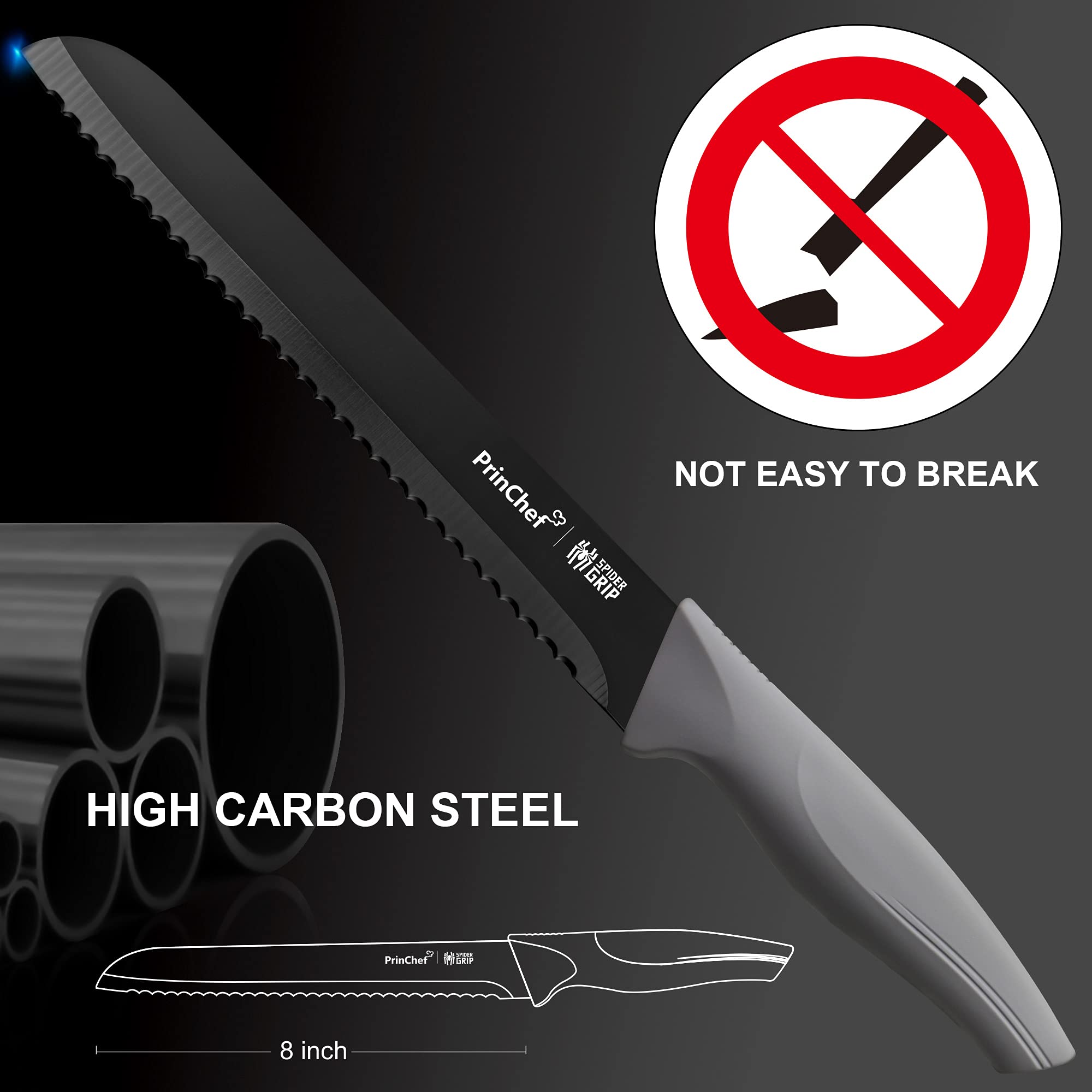 PrinChef 8 Inch Serrated Bread Knife with Sheath - Stainless Steel Anti Rust & Nonstick Blade - Perfect for Hard Crusty Bread, Homemade Loaves, Baguettes & Pastries - Ideal for Bakeries, Home Kitchens & Professional Chefs
