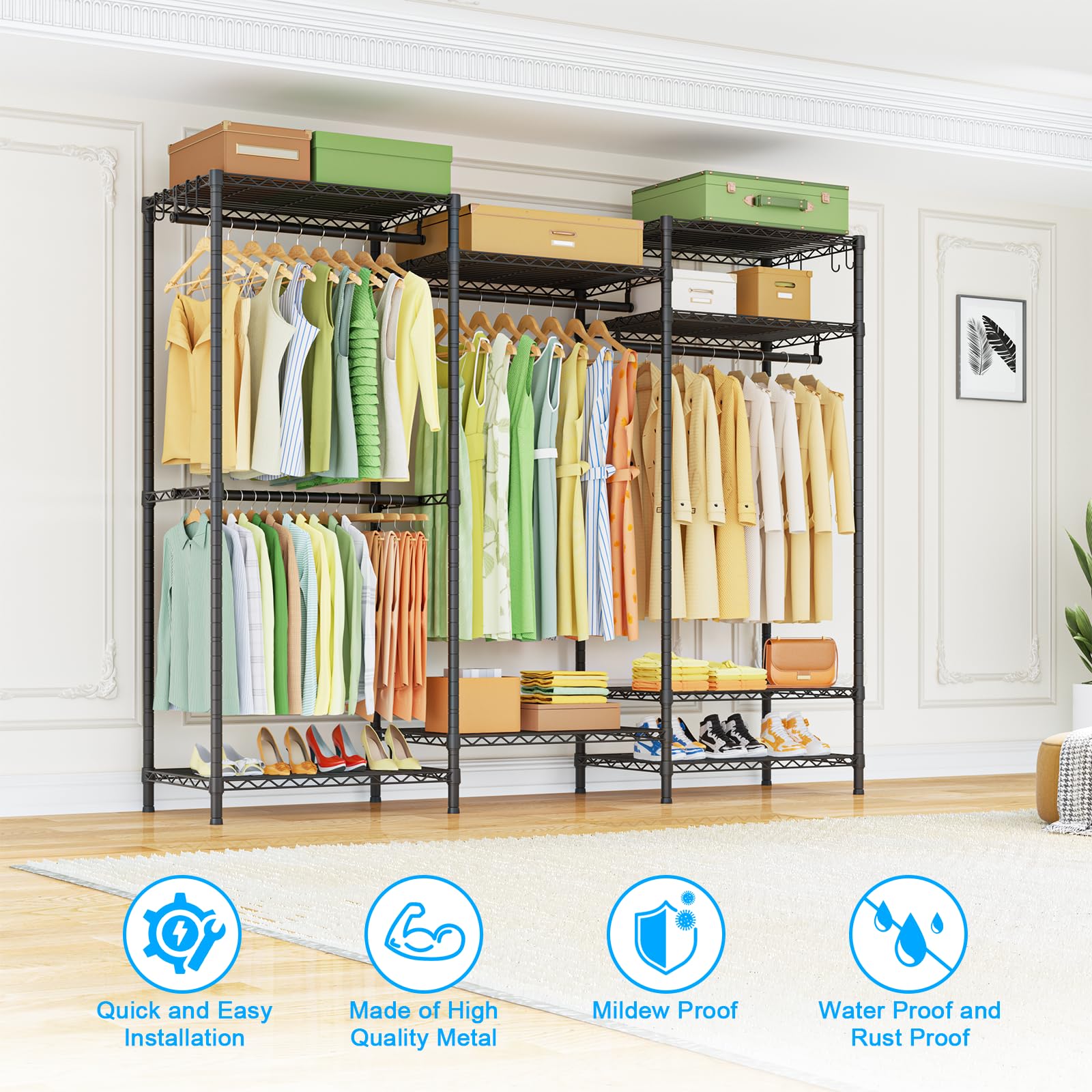 Ulif E13 Heavy Duty Clothes Rack with 4 Hanger Rods & 8 Shelves - Freestanding Adjustable Metal Garment Rack (63