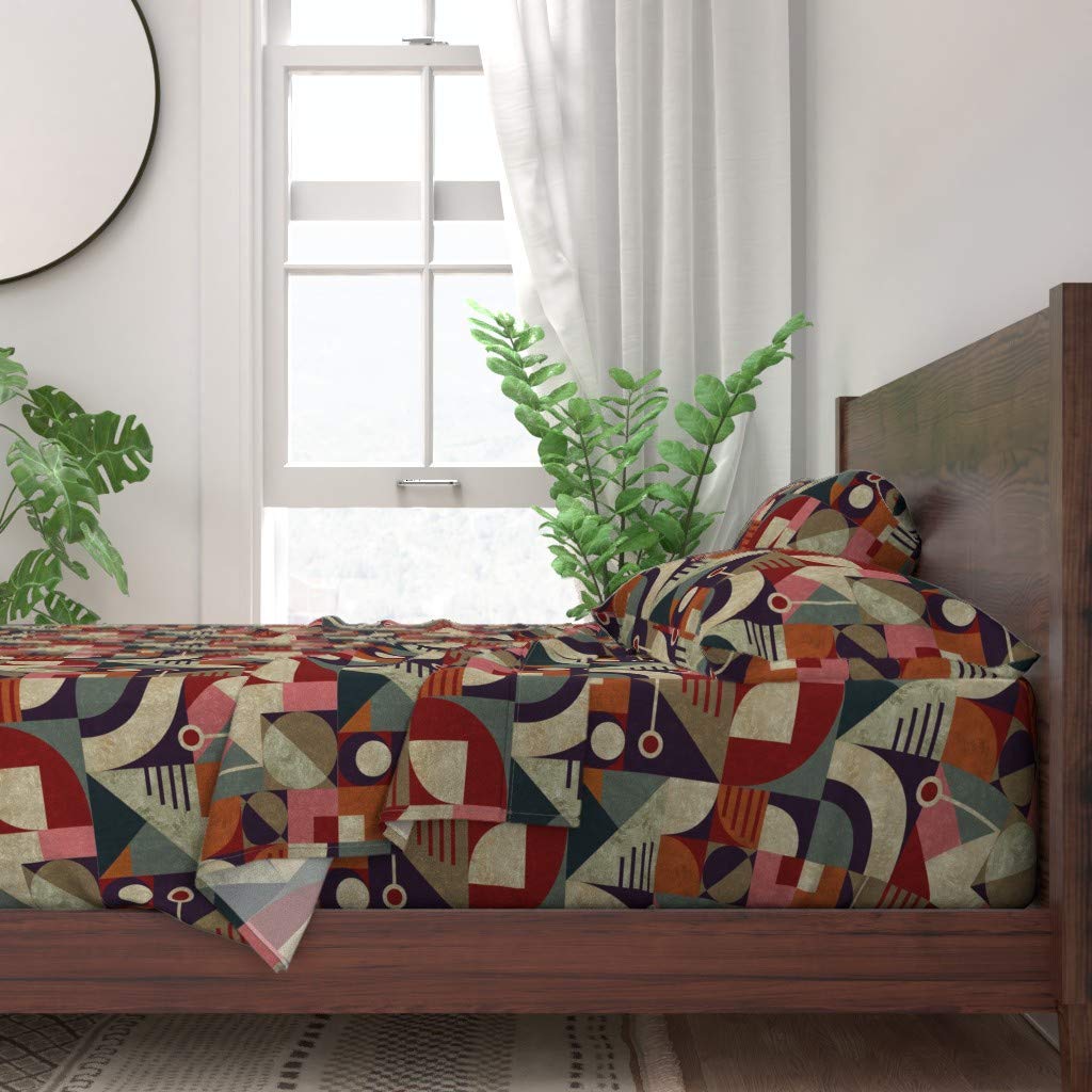 100% Cotton Twin Sheet Set 3-Piece - Geometric Bauhaus Modern Purple Vintage Retro Colorful Art Print Custom Bedding | Soft & Breathable for Comfortable Sleep | Perfect for Guest Rooms, Dorms & Bohemian Decor