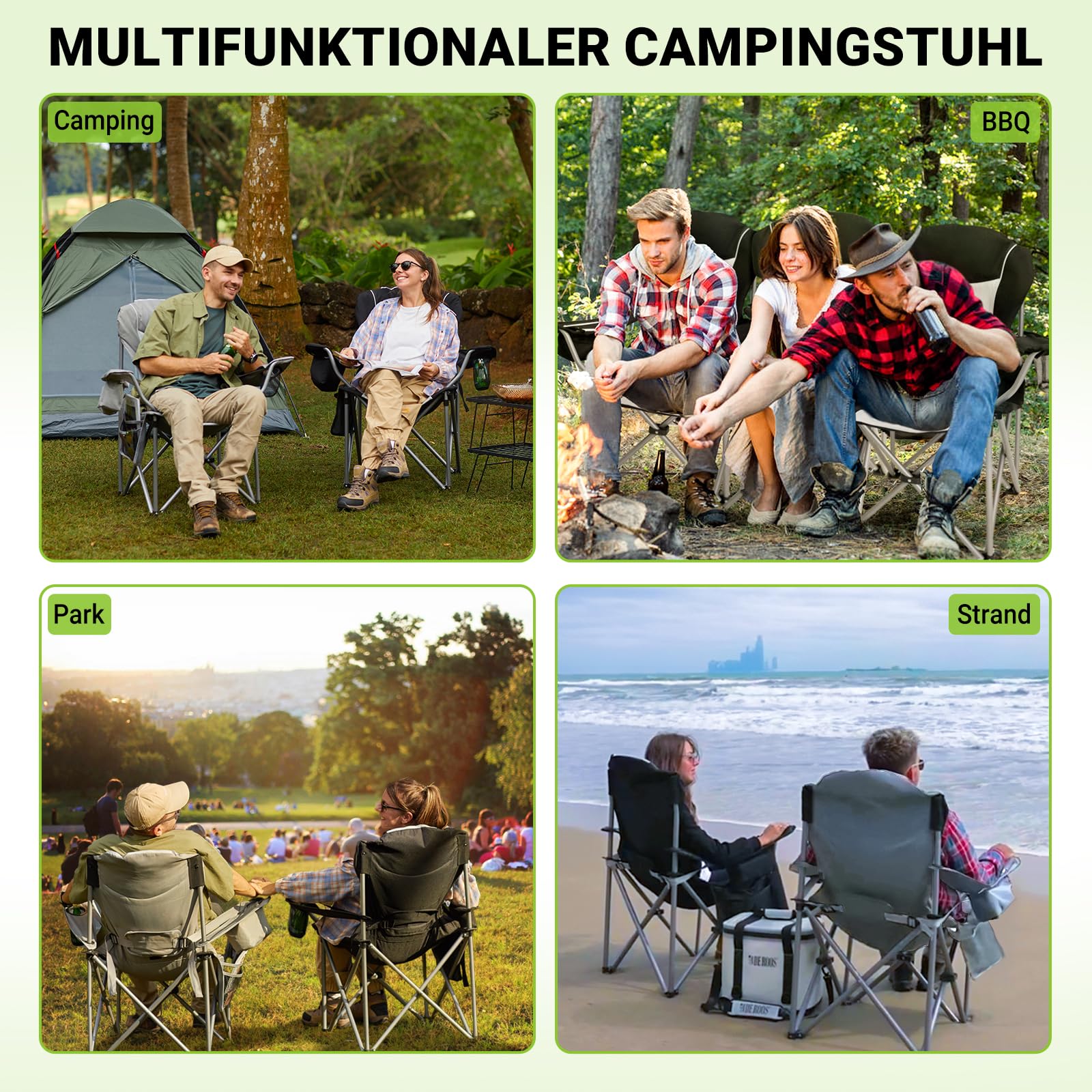 FUNDANGO Folding Camping Chair with Padded Seat, Cup Holder & Cooler Bag - Adjustable High Back Recliner for Outdoor, Fishing, Garden, Picnic & Beach Use