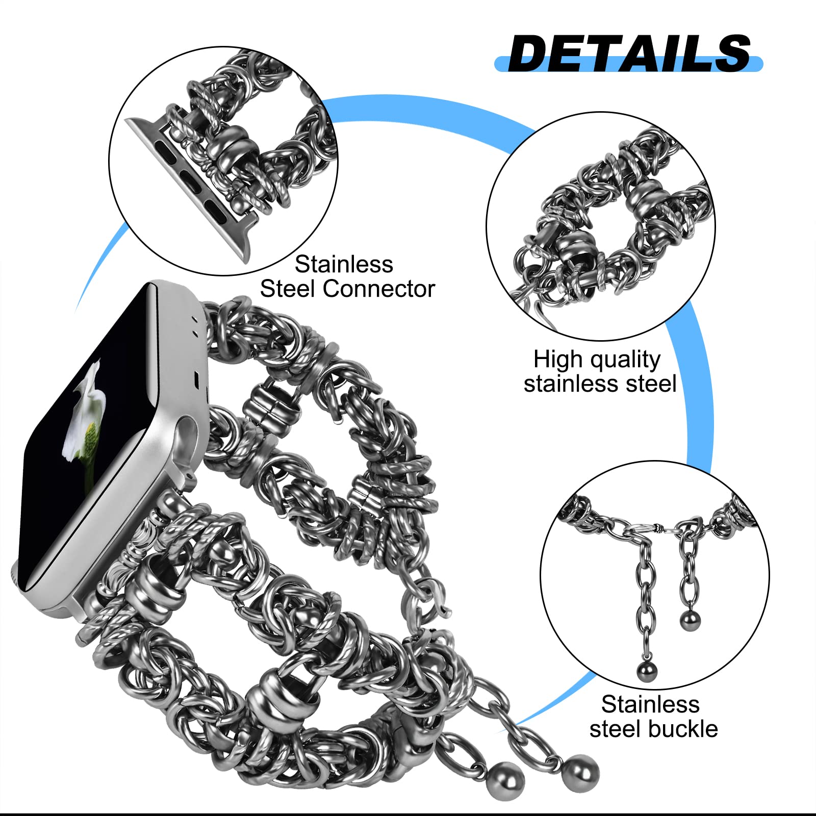 VIQIV Stainless Steel Metal Band for Apple Watch Ultra/Series 8/7/6/5/4/3/2/1 - 49mm 45mm 44mm 42mm 41mm 40mm 38mm - Dressy Bracelet Strap for Men & Women - Perfect for Work, Gym & Everyday Wear
