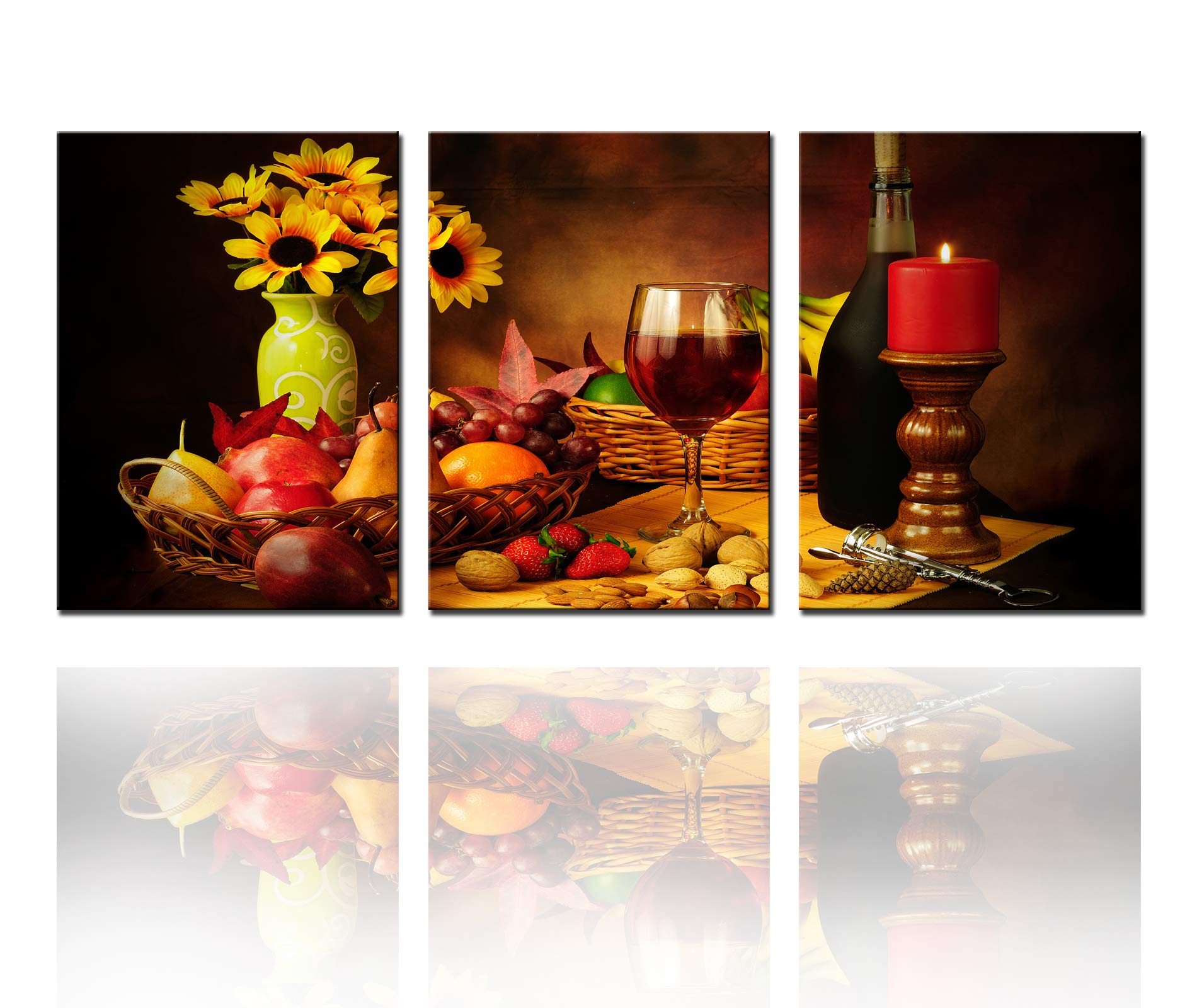 Modern Wine Glass Wall Art Set - 5 Piece Canvas Prints with Sunflower & Candle Decor - Framed Ready to Hang (60''W x 28''H) - Perfect for Living Room, Dining Room, Bar or Kitchen Decor - Red Wine Paintings, Beer Cup & Fruit Artwork for Home & Office
