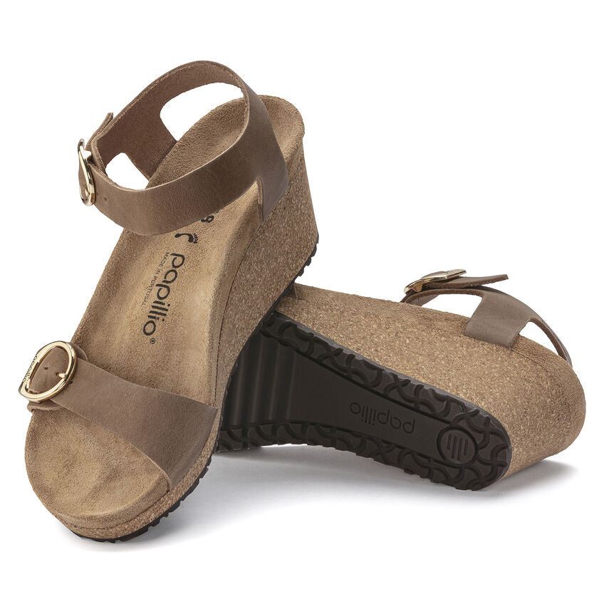Birkenstock Soley Ring Buckle Leather Wedge Sandal in Cognac - Comfortable Women's Casual Sandals for Summer Outings & Beach Vacations