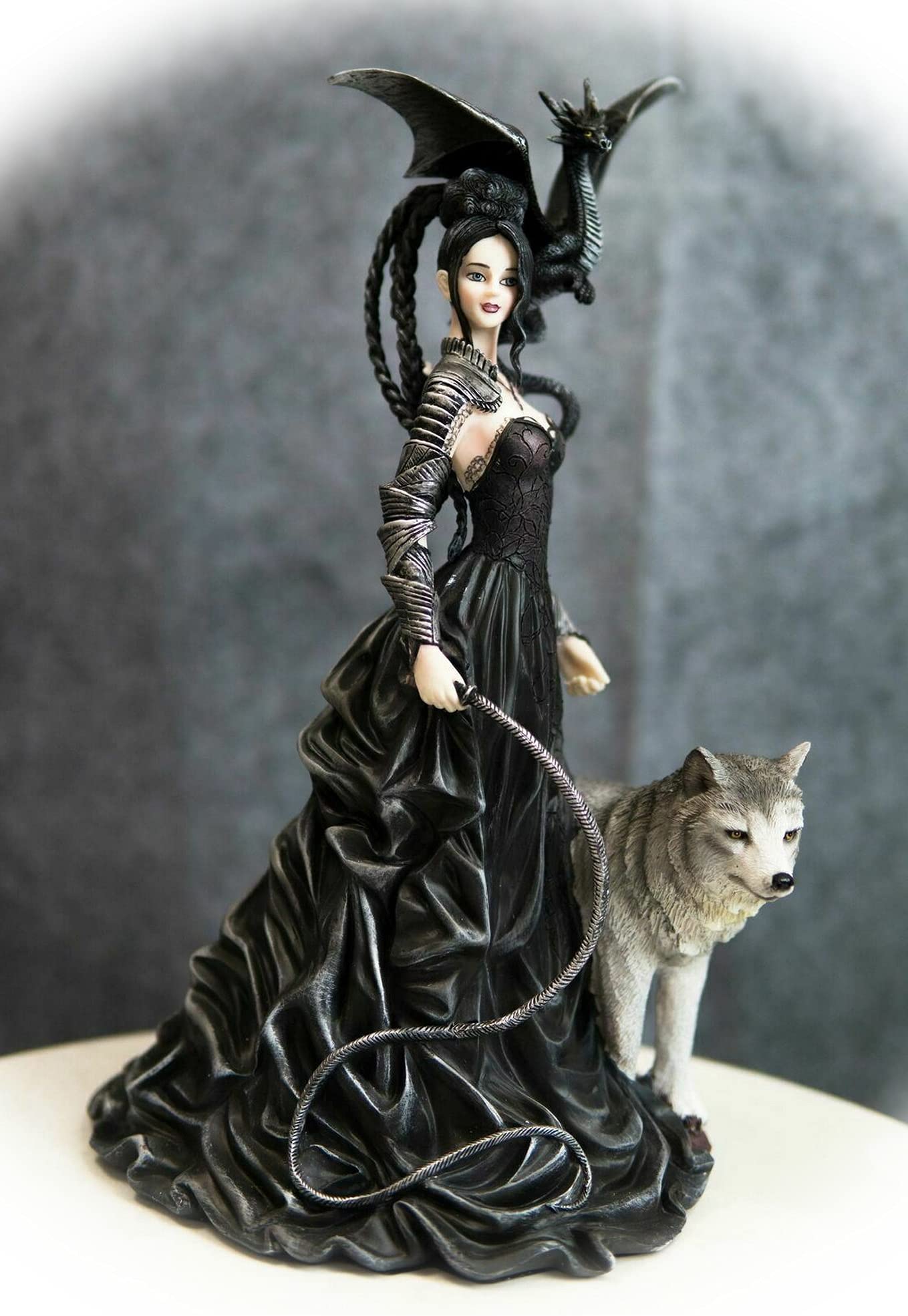 Gothic Maestra Maleficent Witch Fairy with Alpha Wolf & Black Dragon Statue - EB-7612GIF Dark Fantasy Home Decor for Halloween, Gothic Room & Witchcraft Altar