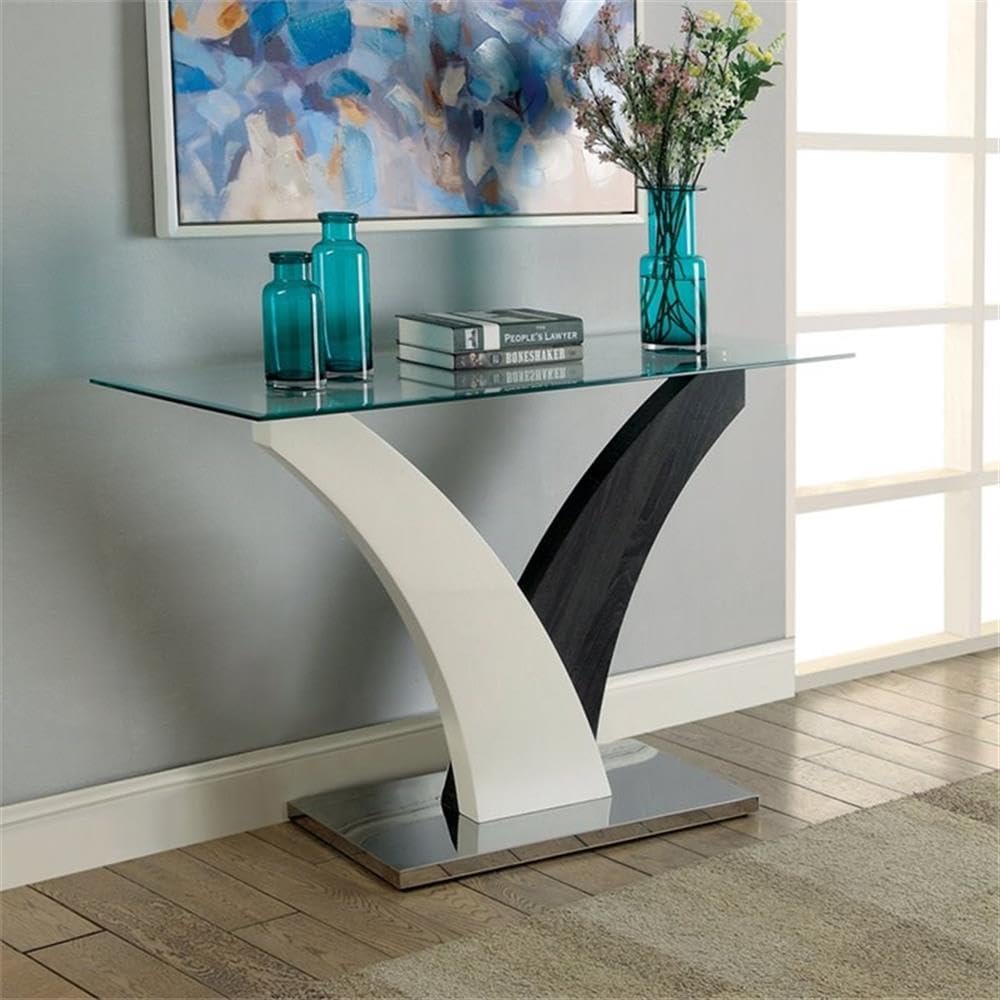 BOWERY HILL Modern Glass Top Console Table - White & Dark Gray Entryway Sofa Table for Living Room, Hallway, or Bedroom Decor