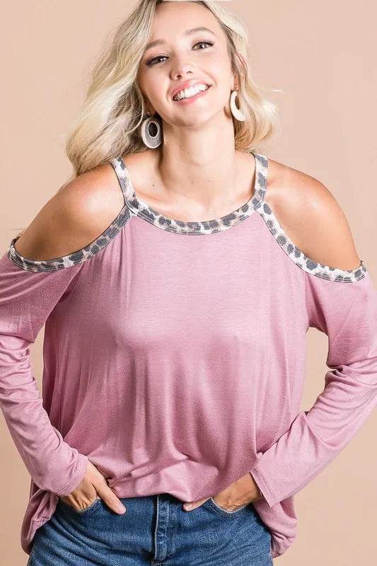 Stylish BiBi Jersey Knit Cold Shoulder Top with Leopard Neck Detail - Perfect for Casual Outings, Date Nights & Summer Fashion