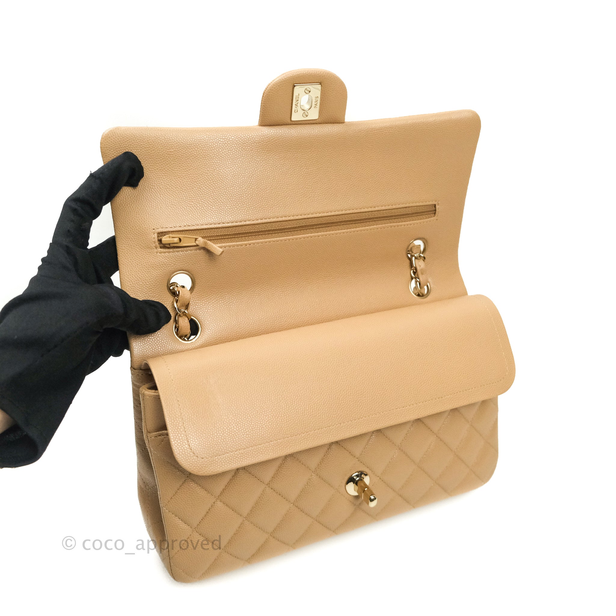 Chanel Classic Medium Double Flap Bag in Dark Beige Caviar Leather with Gold Hardware | Luxury Designer Handbag for Women | Perfect for Work, Evening Events & Special Occasions