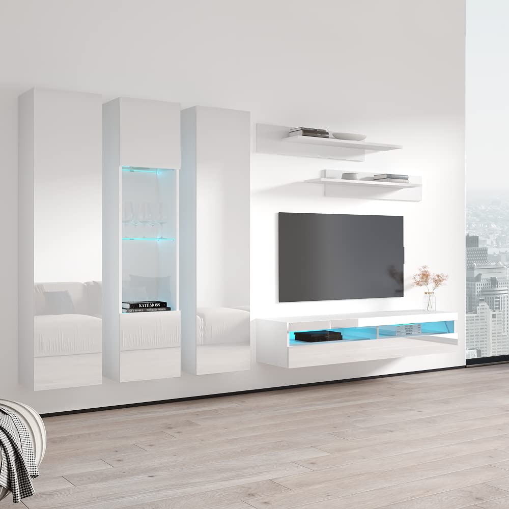 Modern White Wall-Mounted TV Stand with Storage Shelves & LED Lights - 35